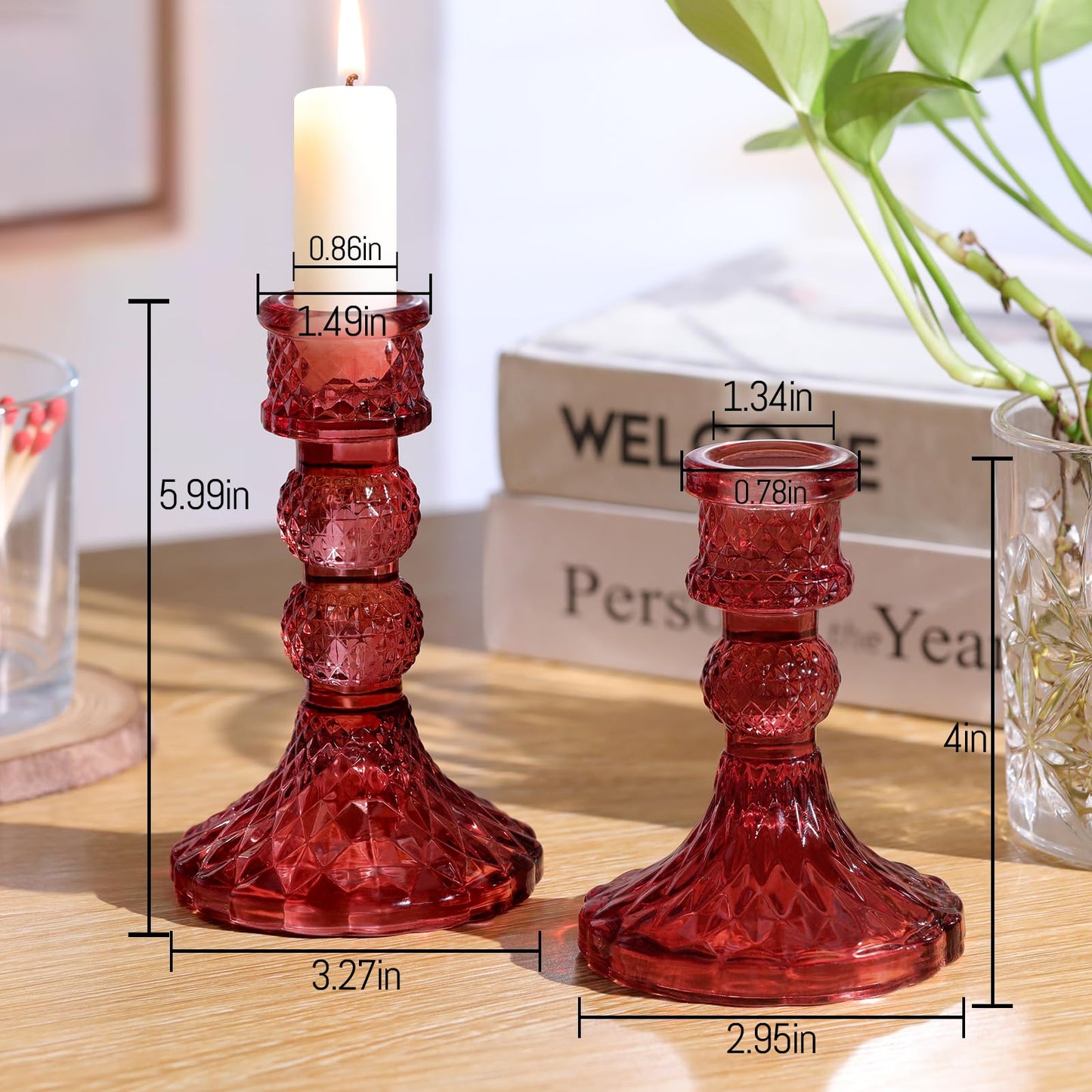 DARJEN Red Glass Candlestick Holders Set of 6, 4" H & 5" H Taper Candle Holders for Candlesticks & Pillar Candles, Diamond Candle Holders for Wedding Party Table Centerpiece, Home Decor