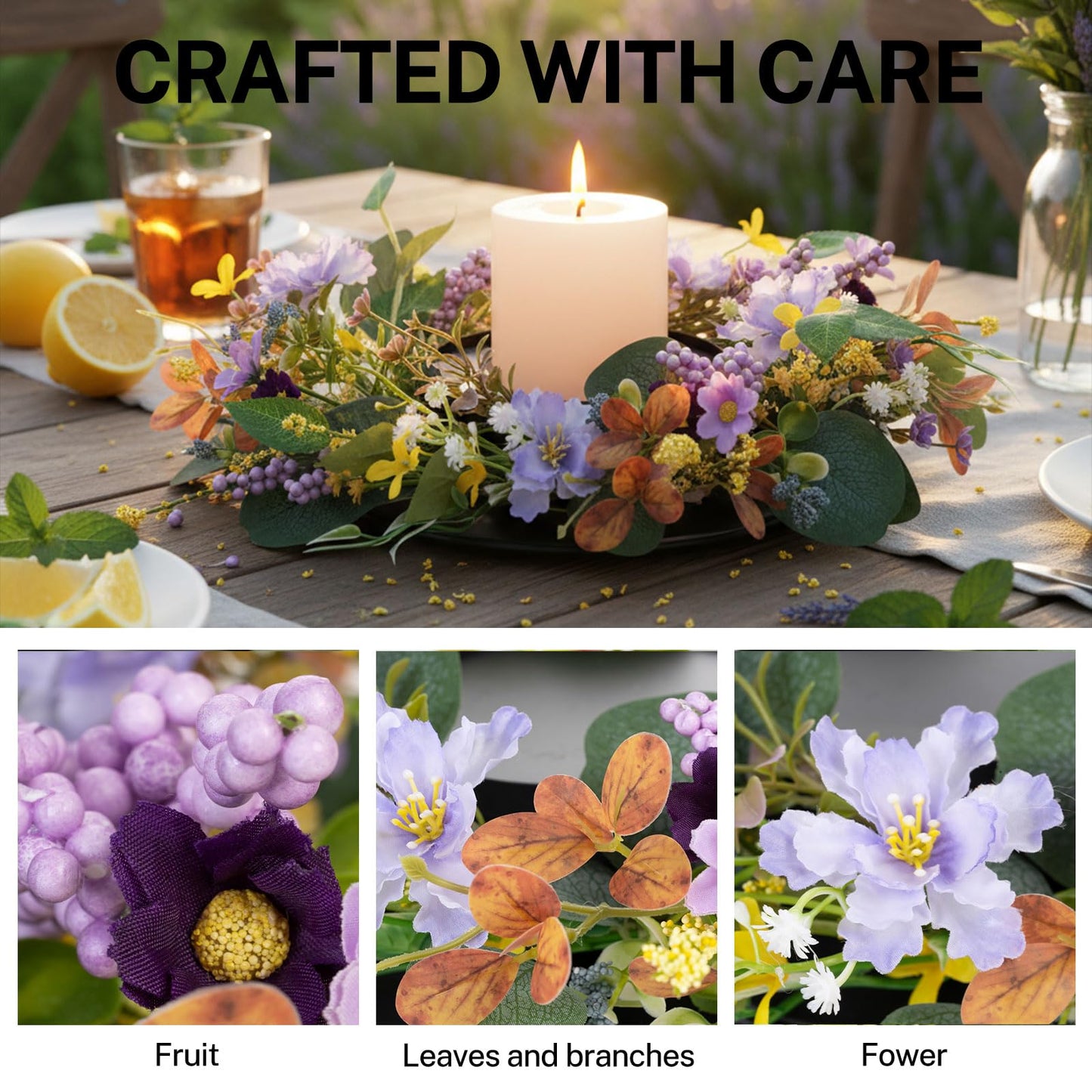 MOYEE Summer Candle Holder Centerpieces for Tables,Candle Ring, Black Metal Candlestick with an Artificial Wreath 14 in Versatile Dining Table Centrepiece (Purple Foam Flower Wreath)