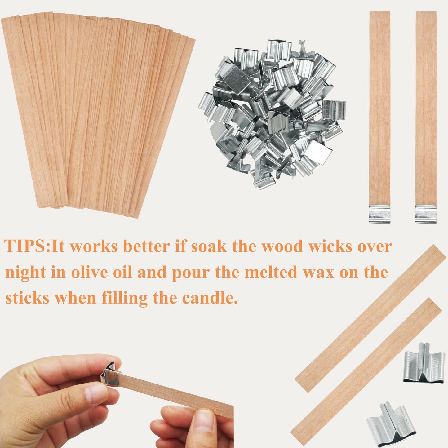 100pcs Wooden Candle Wicks 5.1 x 0.5 Inch, Smokeless Cherry Wood Wicks with Metal Clips, Includes Wick Trimmer, Perfect for Candle Making Kit and Soy Wax Candlemaking