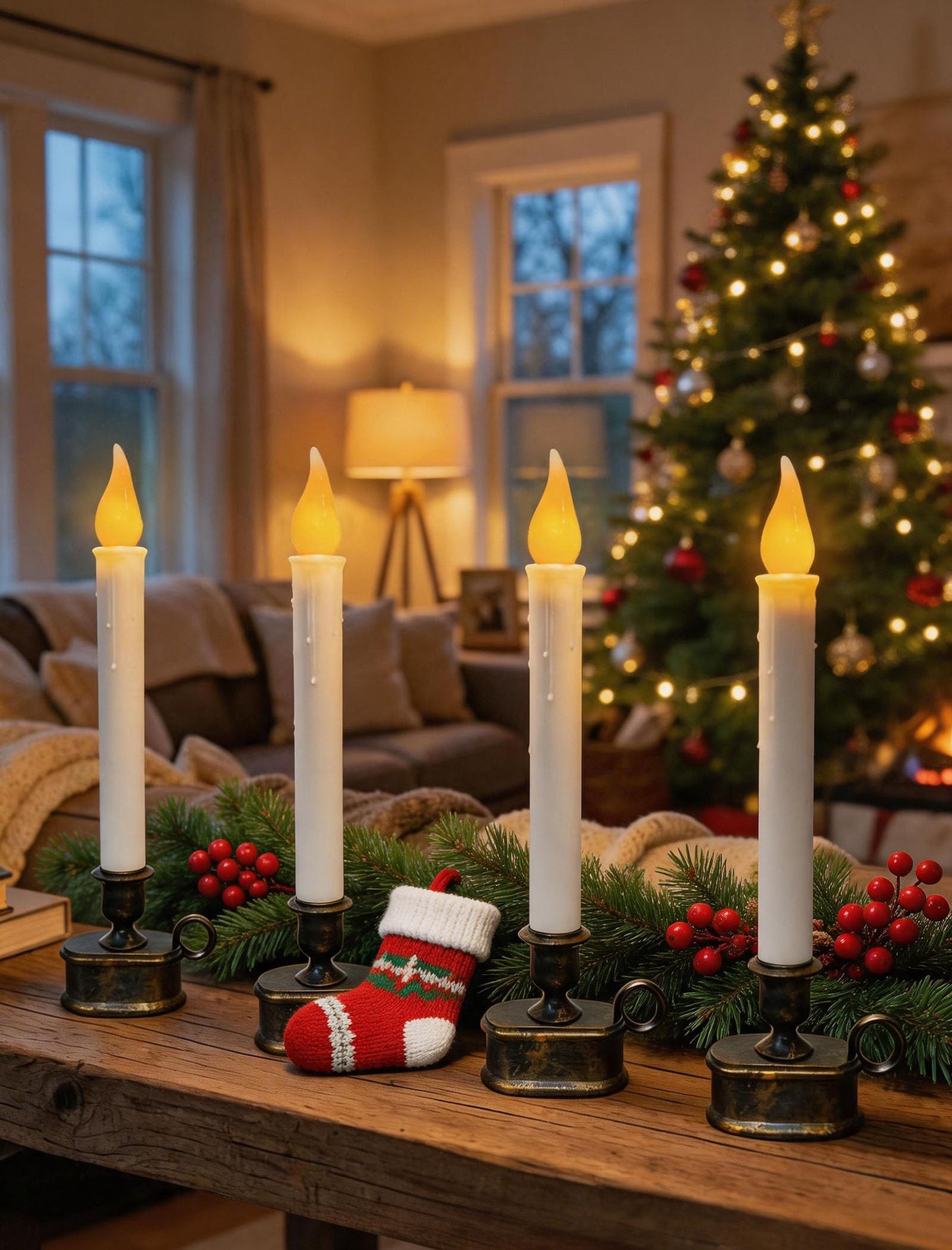4 Pack Christmas Window Candle Lamps, Flameless Flicker LED Lights and Bronze Base, Dusk to Dawn Light Sensor, 10 Inch Battery Powered Window Candle for Dinners, Table, Party, Valentines Decorations