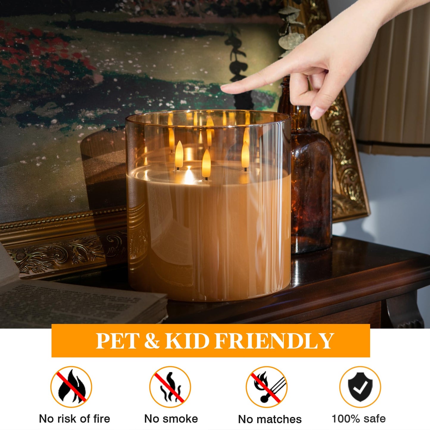 AFINETH Extra Large Flameless Candles with 3 Wicks, 6"x6" Glass Battery Operated Candles with Remote, Real Wax Flickering LED Candles Fake Candle for Home, Wedding, Party, Glod