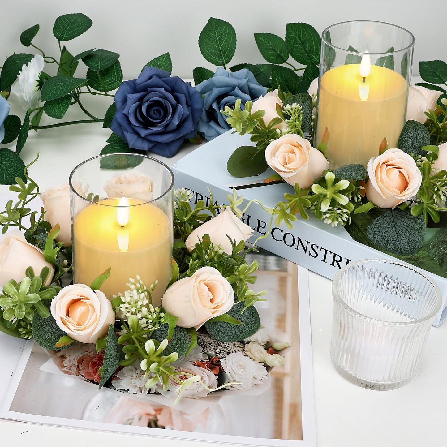 Tobilu 12 PCS Candle Rings with LED Flameless Candles, 3 Inch Artificial Rose Wreaths Eucalyptus Leaves for Table Centerpieces Home Wedding Party Decor, Champagne, 6 Sets