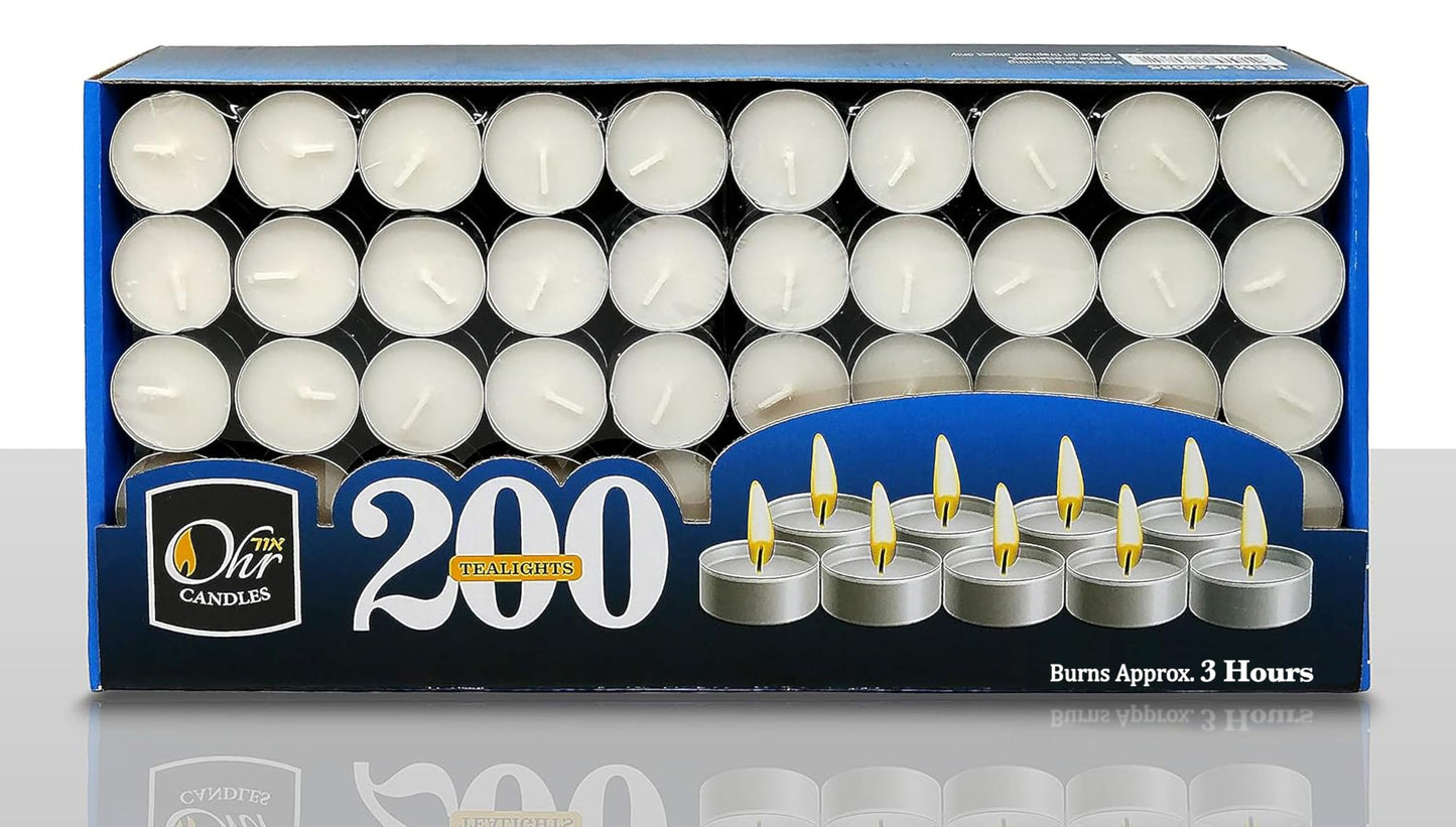 Ohr Tea Light Candles - 200 Bulk Pack - White Unscented Travel, Centerpiece, Decorative Candle - 3 Hour Burn Time