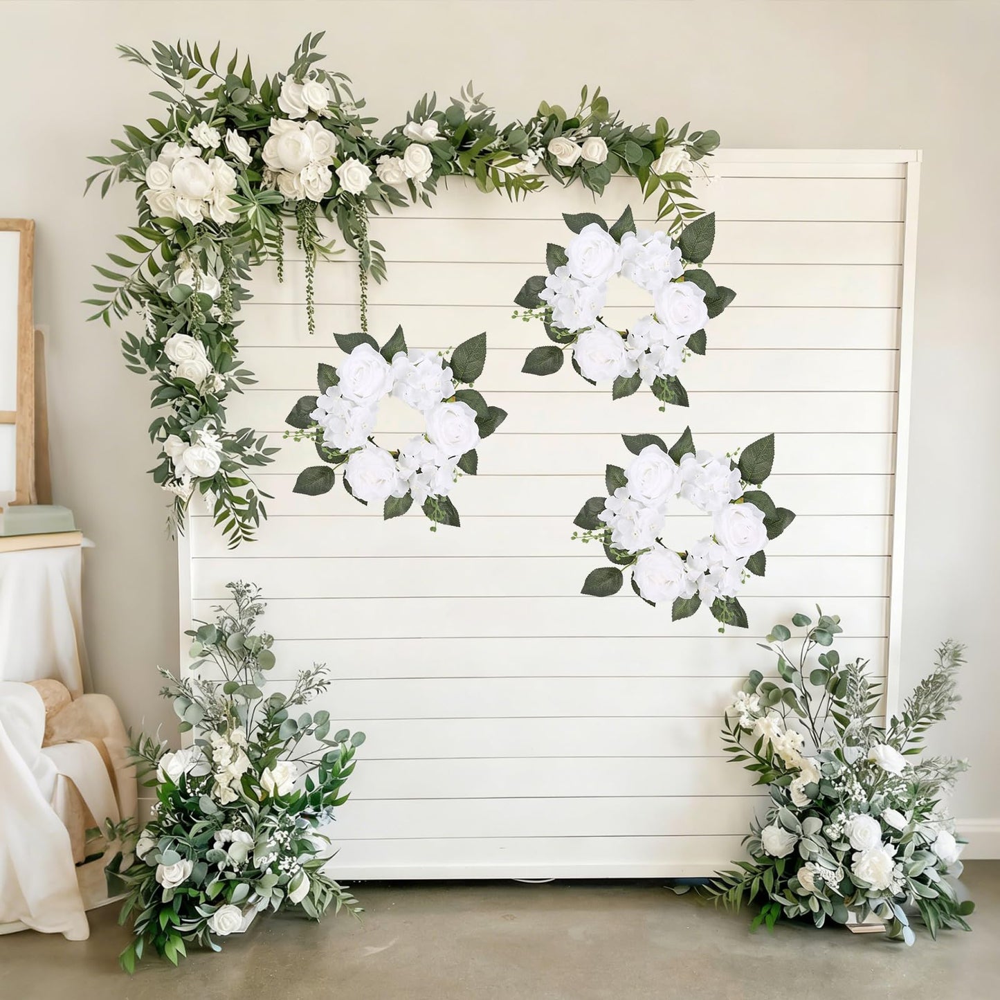 UUXX White Artificial Flowers Candle Rings Wreaths for Pillars, 4pcs Silk Roses Hydrangea Floral Candle Wreaths Rings for Table Centerpieces Wedding Valentine's Day Party Decor (White)
