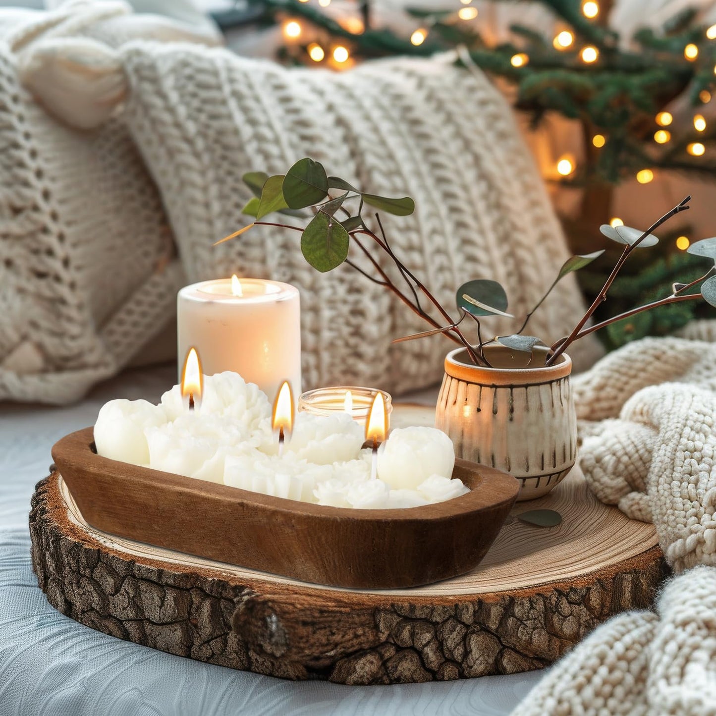 Siifert Wooden Dough Bowl Candle 3 Essential 20 Ounce Natural Soy Oil Wick Candle Wax Melts Rustic Farmhouse Decor Gifts for Women and Men(Flowers)