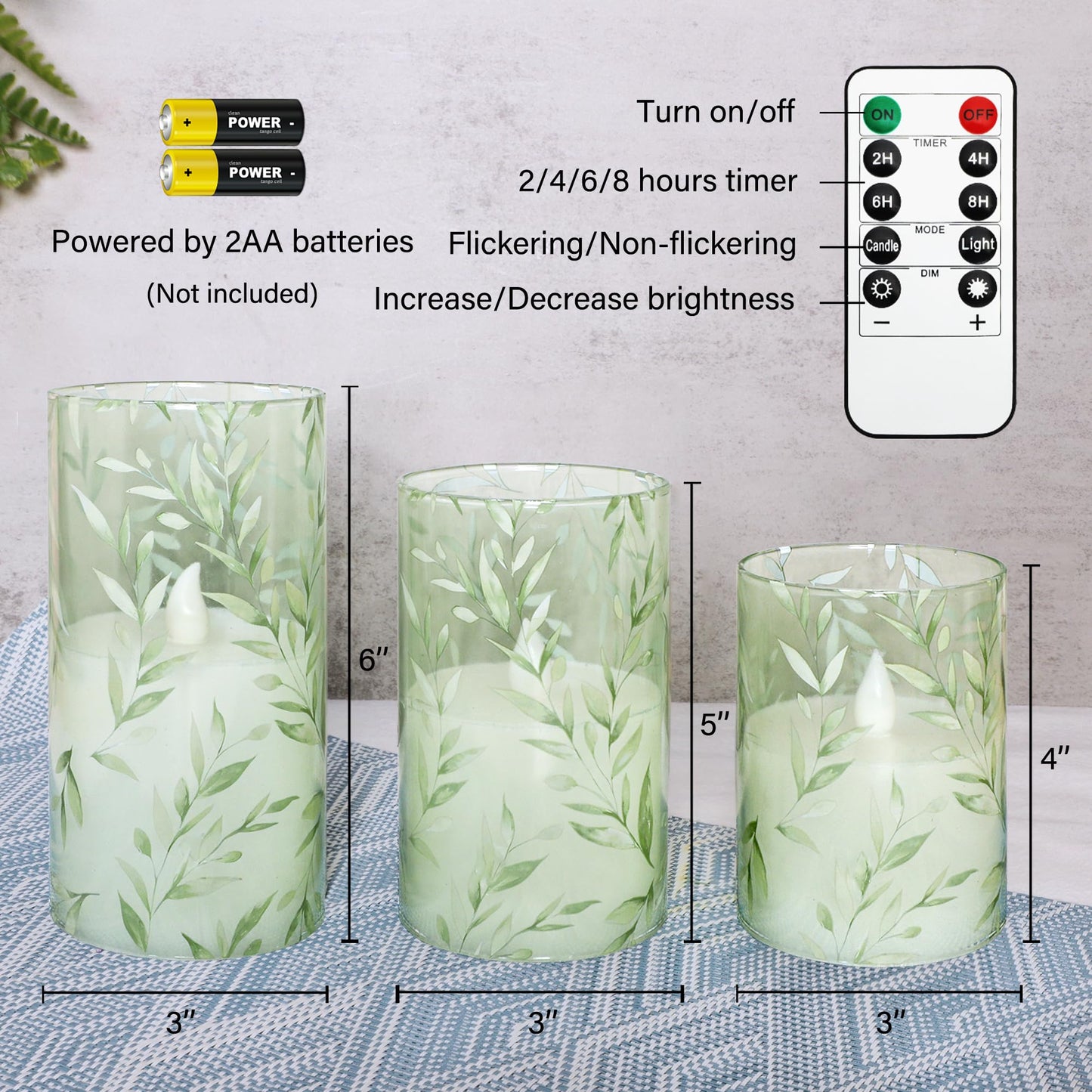 Silverstro Green Flameless Candles with Remote Control - Willow Leaf Design Battery Operated Candles - Elegant Home Christmas Spring Summer Decor Set of 3