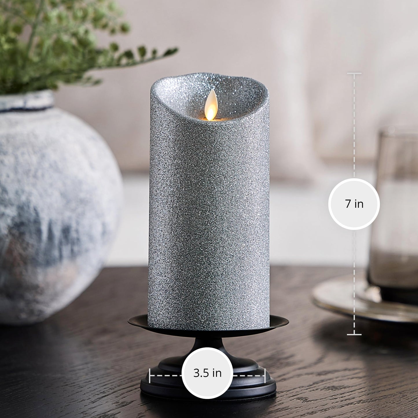 Luminara Brilliant Silver Glitter Flameless Candle Moving Flame LED Pillar (3.5" x 7")