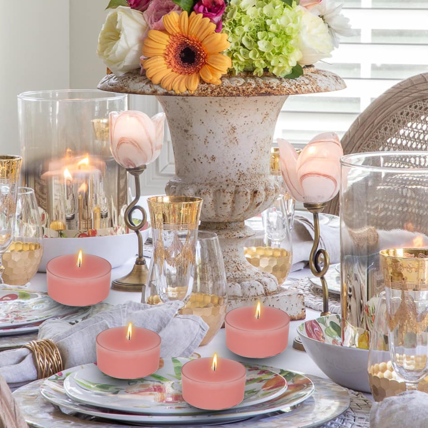 Pink Candles Tea Lights Smokeless Rose Scent Tealight Candles Handmade Tealights Set of 24 Long Burning for Wedding Meditation Dinner Home Decor