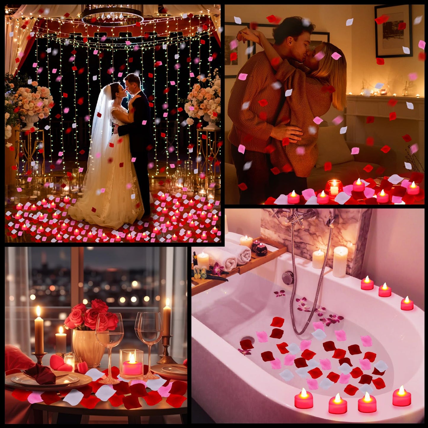 Honoson 1000 Pieces Artificial Rose Petals with 24 Pcs Flameless Heart Shaped LED Tealights Candles Special Romantic Night Decorations for Proposal Wedding Anniversary Table Decor(White with Red)