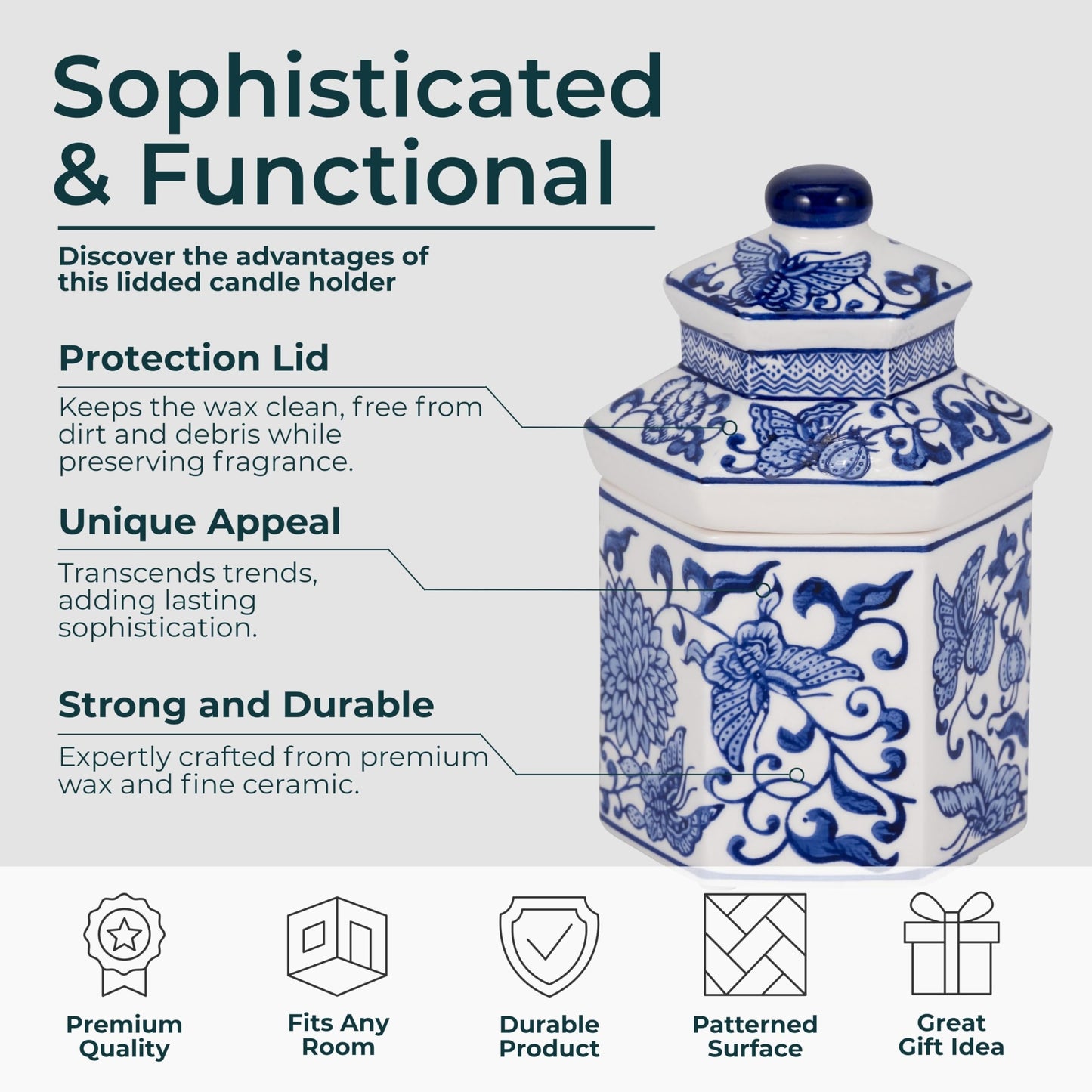 Sandalwood Scented Candle with Lid for Men and Women - Ceramic Chinoiserie Candle with Lid for Living Room, Bedroom, and Bathroom - Decorative Accent for Indoor and Outdoor - 7", Blue & White