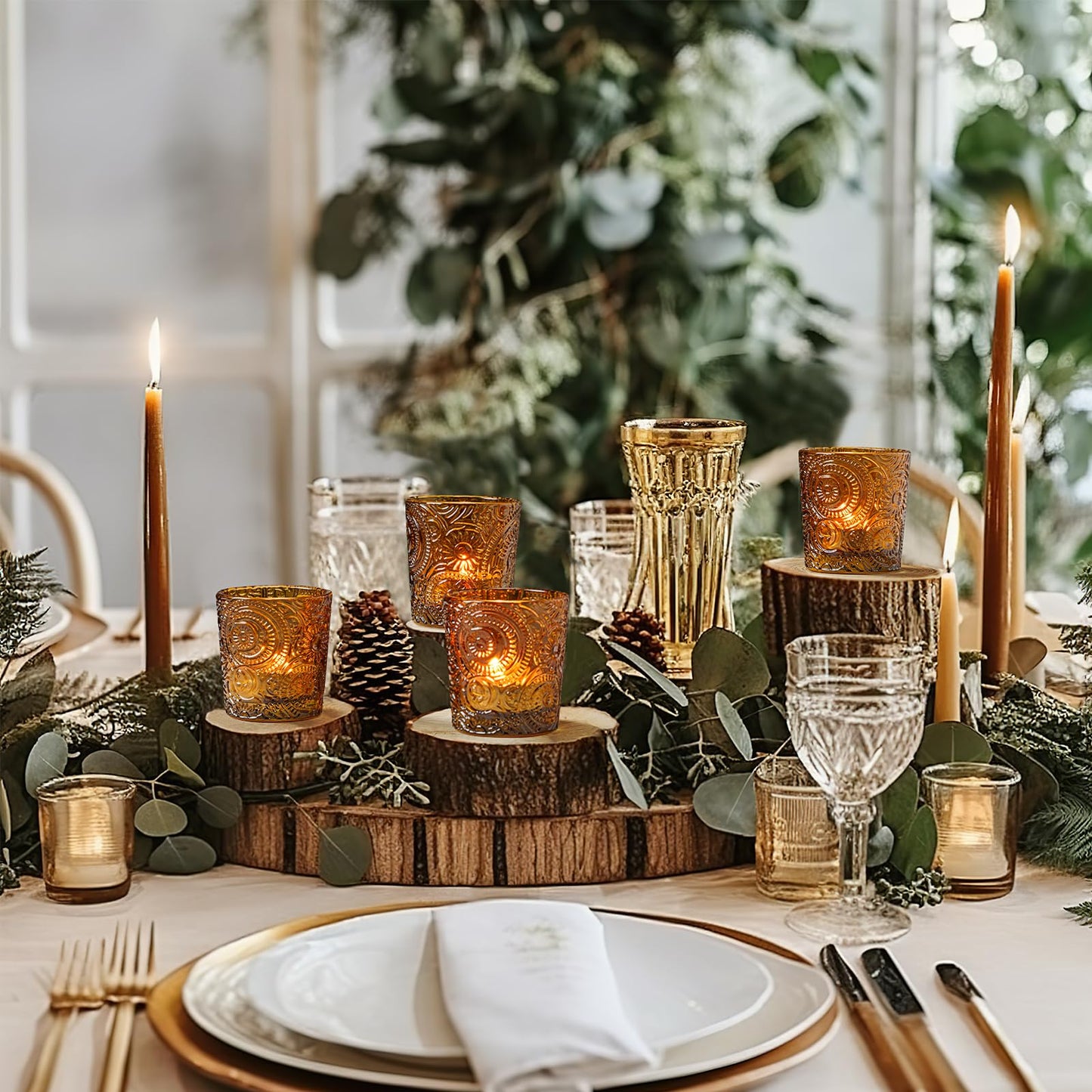 6 Pack Sun Moon Star Embossed Glass Tea Light Candle Holders - Votive Candle Holders for Wedding, Party, Home Decor, and Table Centerpieces (Chestnut Brown)