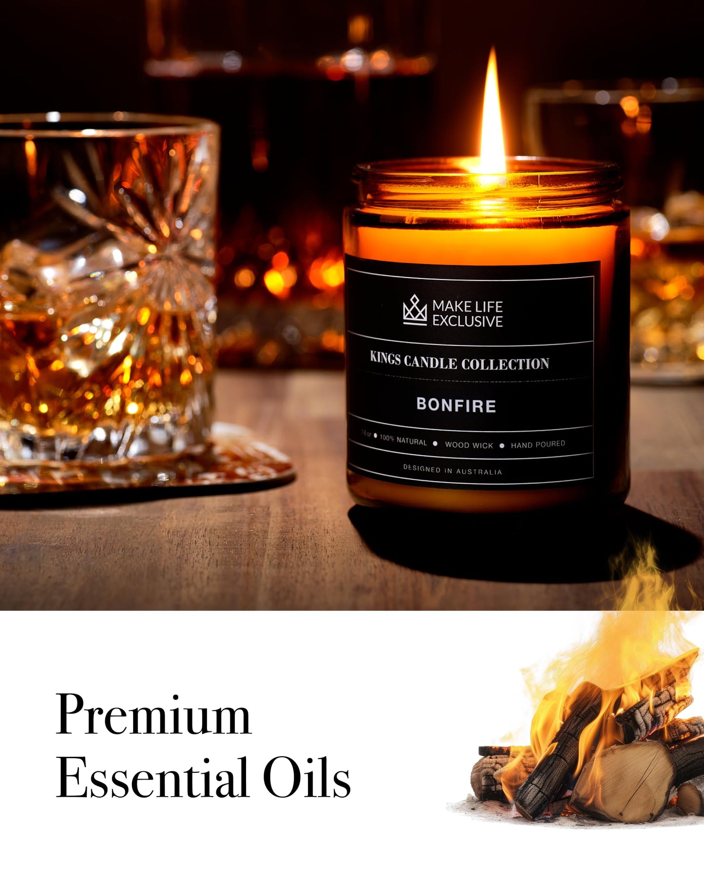 Scented Candles for Men | Bonfire, Mahogany & Teakwood Scented | Wooden Wick, Long Lasting, Masculine Scents | Natural Soy Jar Candle for Home, Bachelor Pad Decor | The Perfect Mens Gift.