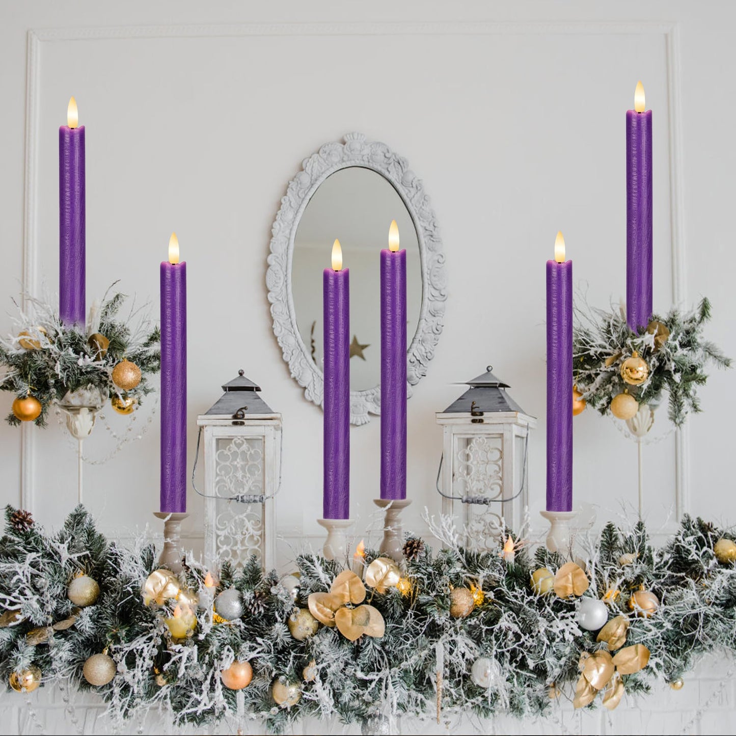 AFINETH Purple Flameless Taper Candles with Remote, 6 Pack Real Wax Battery Operated Candles, 9.6 Inch Flickering Led Christmas Candlesticks Decorations for Winter Home Holiday Xmas Gift