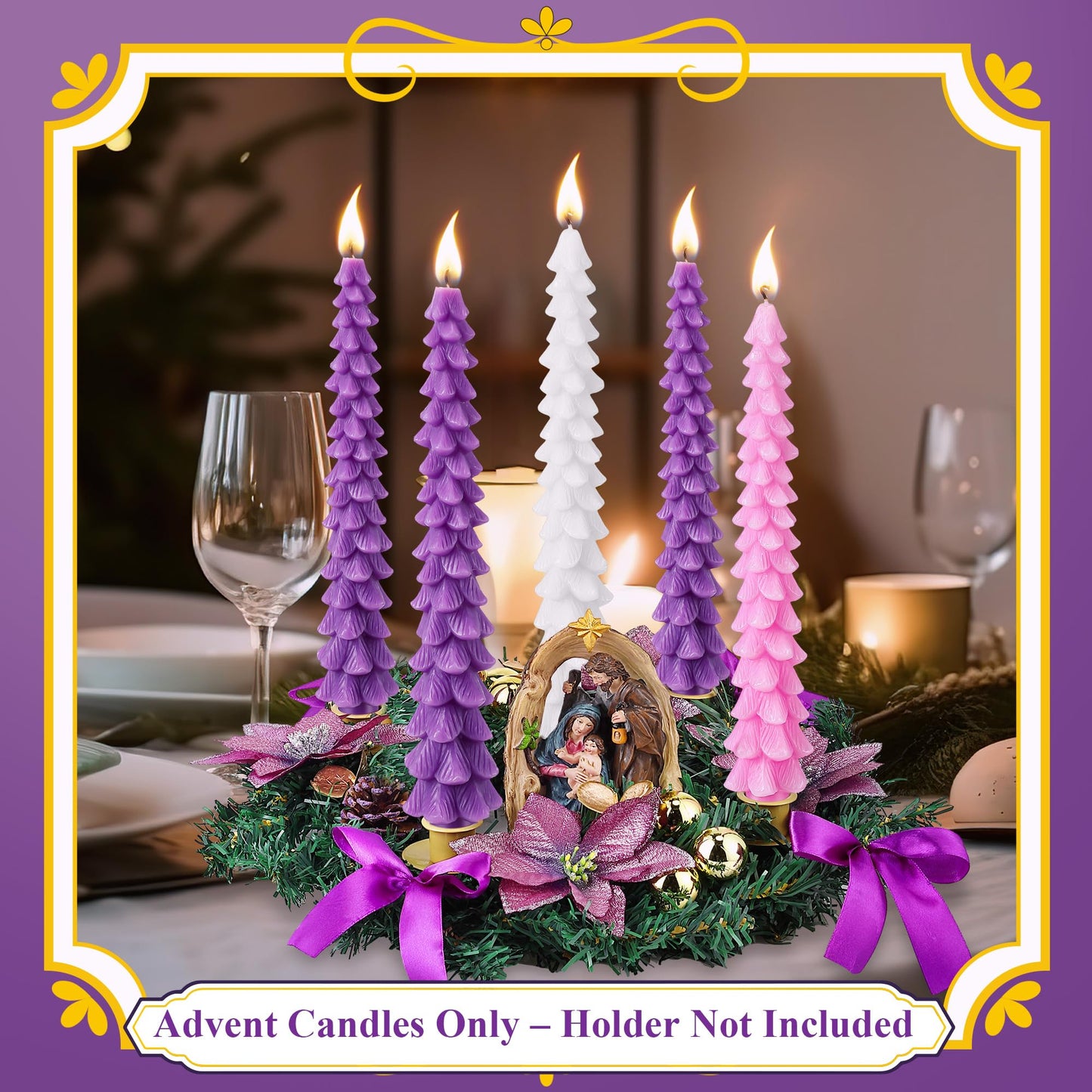 Enhon 5 Pcs Advent Candles Set, 10 Inch Tree Shaped Taper Candles, Unscented Beeswax Christmas Advent Wreath Candle for Xmas, Holiday, Church, Party, or Home Decor (Purple,Pink,White Style)