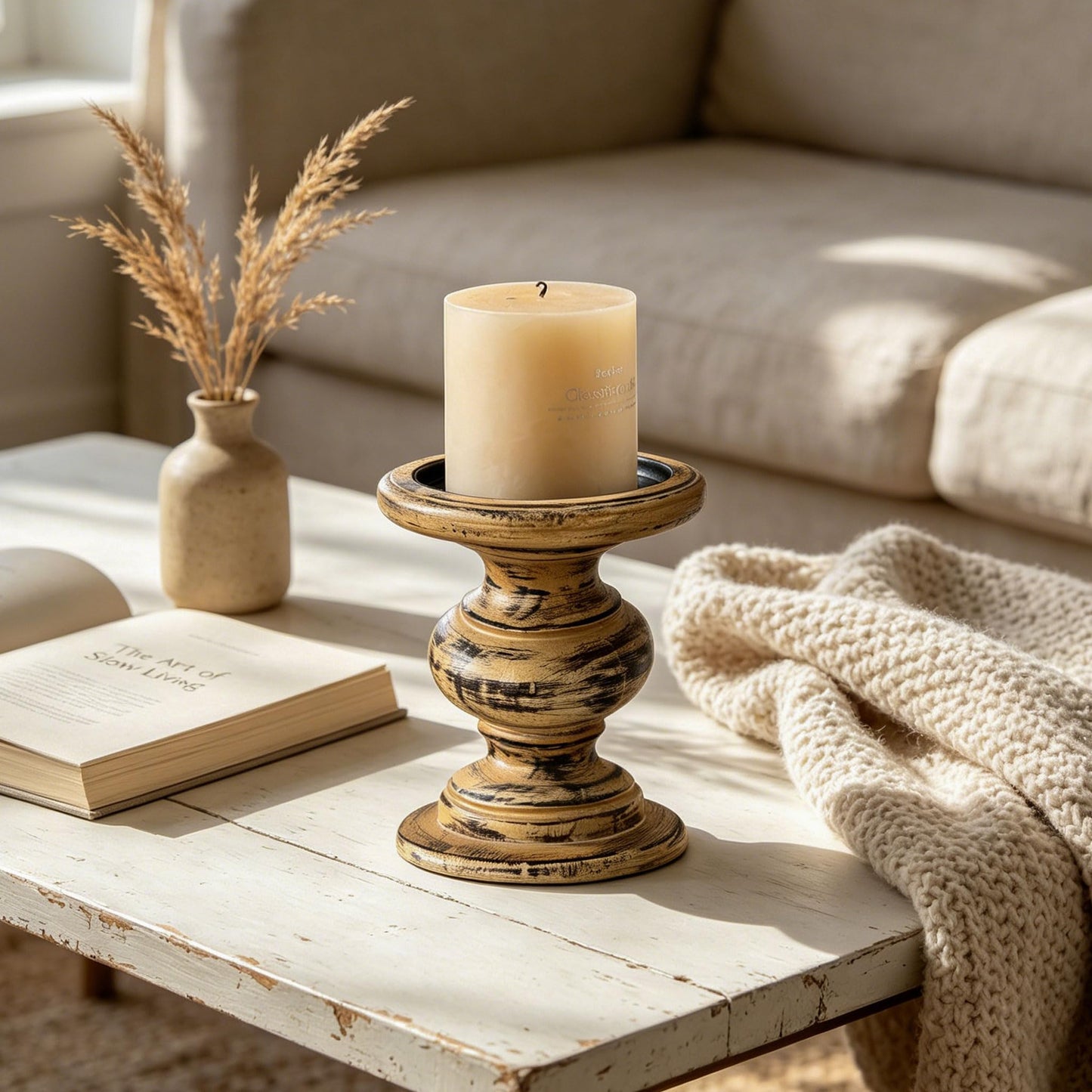 SOFE Antique Wood Pillar Candle Holders, Rustic Farmhouse Large Candle Holder, Wide Pedestal Candle Holders, Perfect for Dining Room, Living Room, Coffee Table Decorative