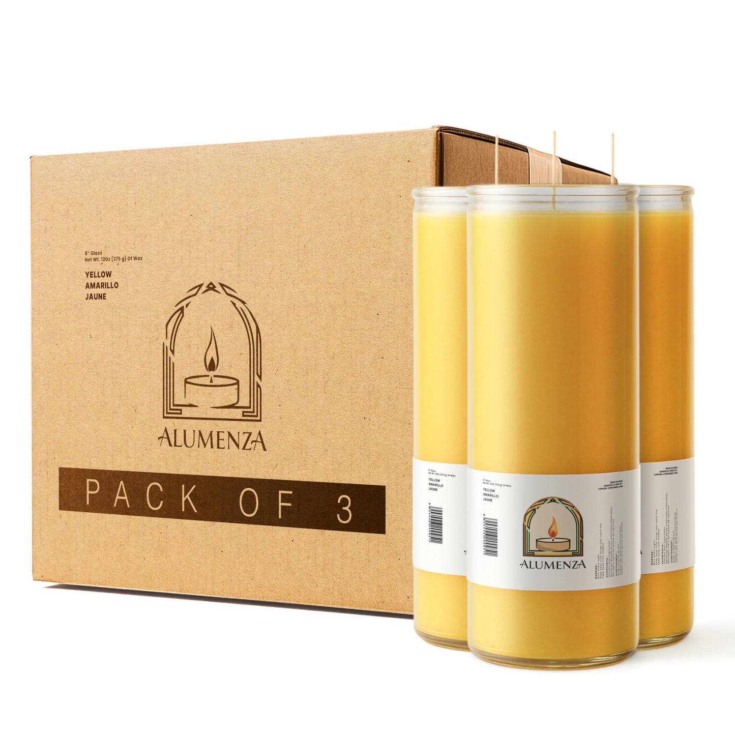 Alumenza 3 Pack Yellow 7 Day Candles in Glass Jar – Paraffin Wax, Clean Burning Unscented | Large & Tall Devotional Prayer Pillar Candles for Home, Memorial, Spells, Long Lasting