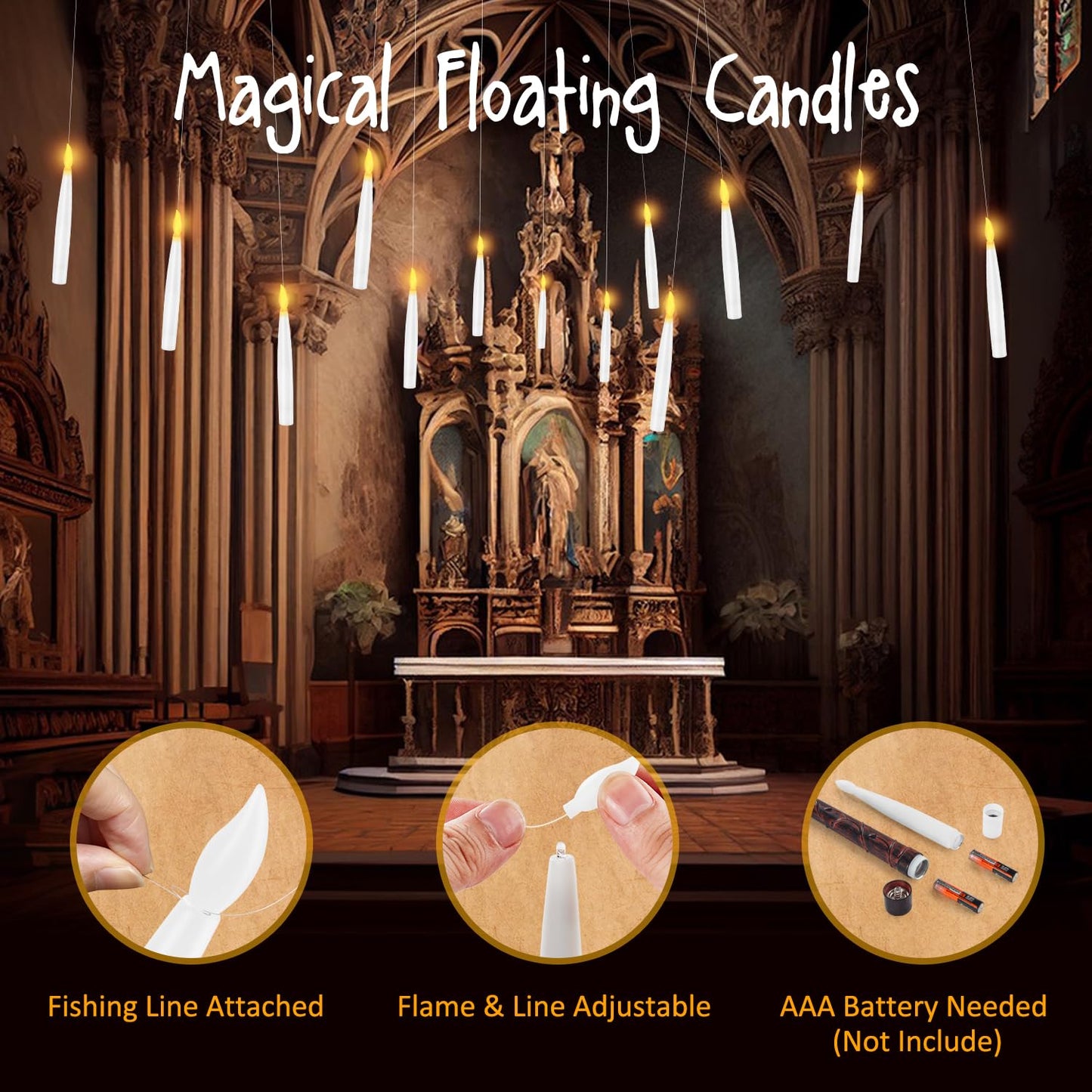 Floating Candles with Wand, 12 Pcs Magic Hanging Candles Halloween LED Taper Candles Battery Operated Floating Flameless Candles Floating Candles Hanging for Halloween Decorations