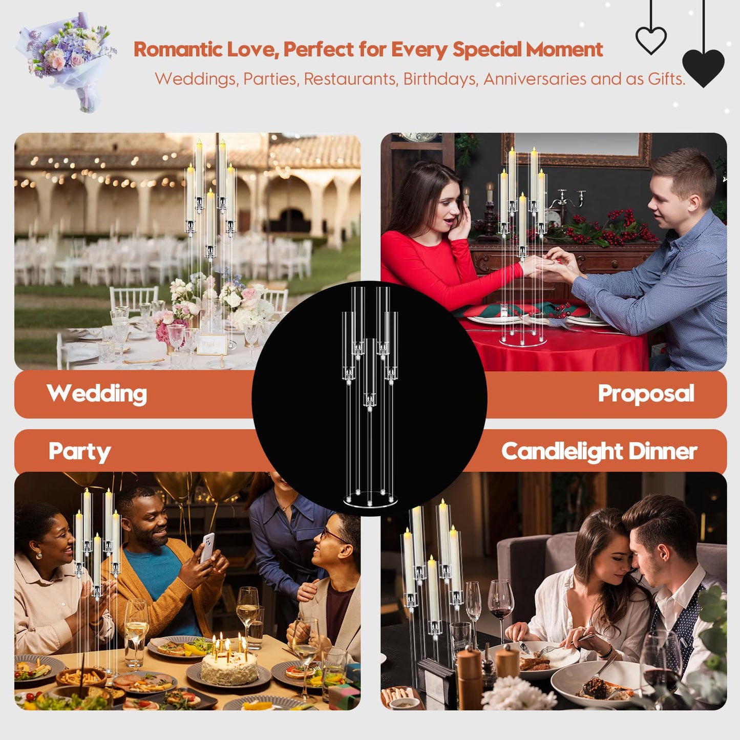 2 Set 5 Arm Acrylic Candle Holder, Mjkeomo 34.6'' Tall Candelabra Centerpieces for Tables Clear Candlesticks Holder with Lampshade for Housewarming Gift Fireplace Dinner Decor Fit 0.87'' LED Candle