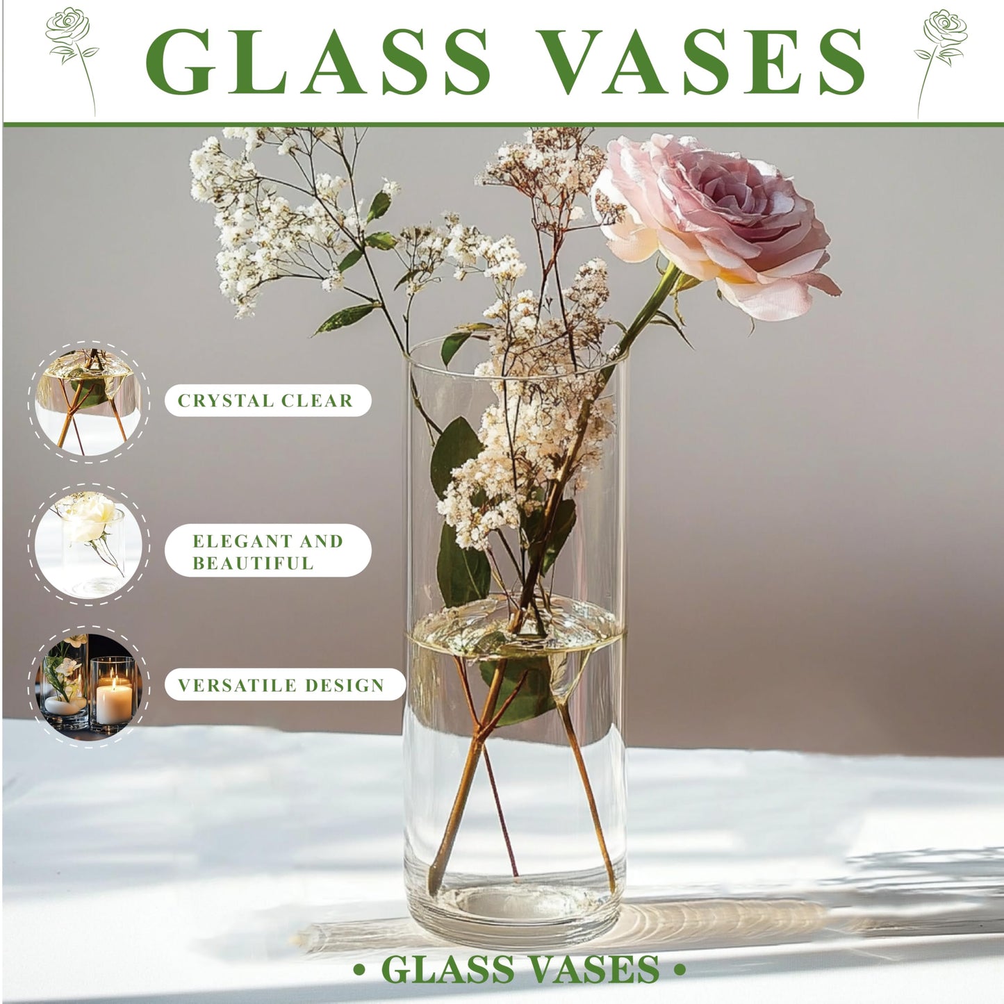 Zomiol 40pcs Glass Vase for Centerpieces, 4,6,7.5,8,10 inch Tall Clear Cylinder Flower Vase Bulk Floating Candle Holder for Wedding Table Home Décor and Party