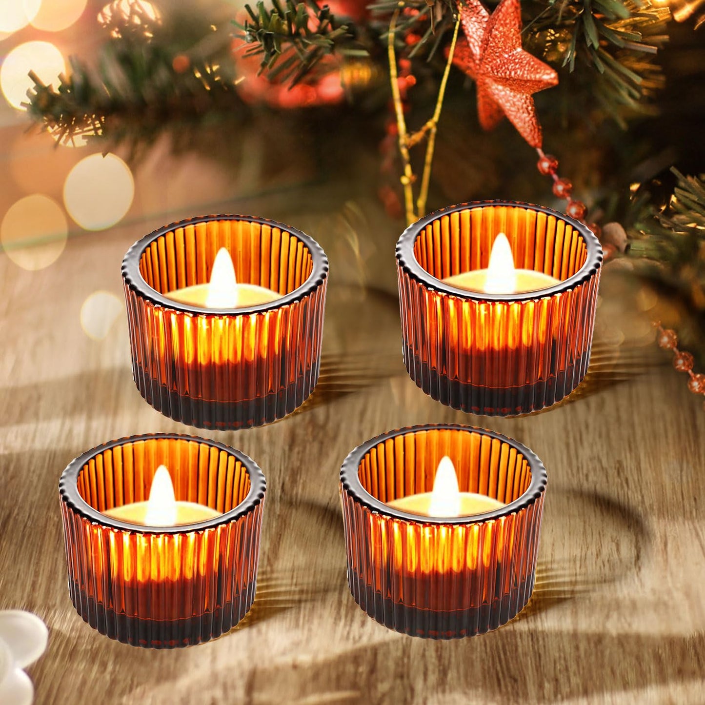 JOYIT Amber Votive Candle Holders Bulk Set of 4, Tealight Candle Holder for Wedding Table Centerpiece, Glass Small Candle Holders for Birthday Party, Valentine's Day, Home Decor (2''X 1.4'')