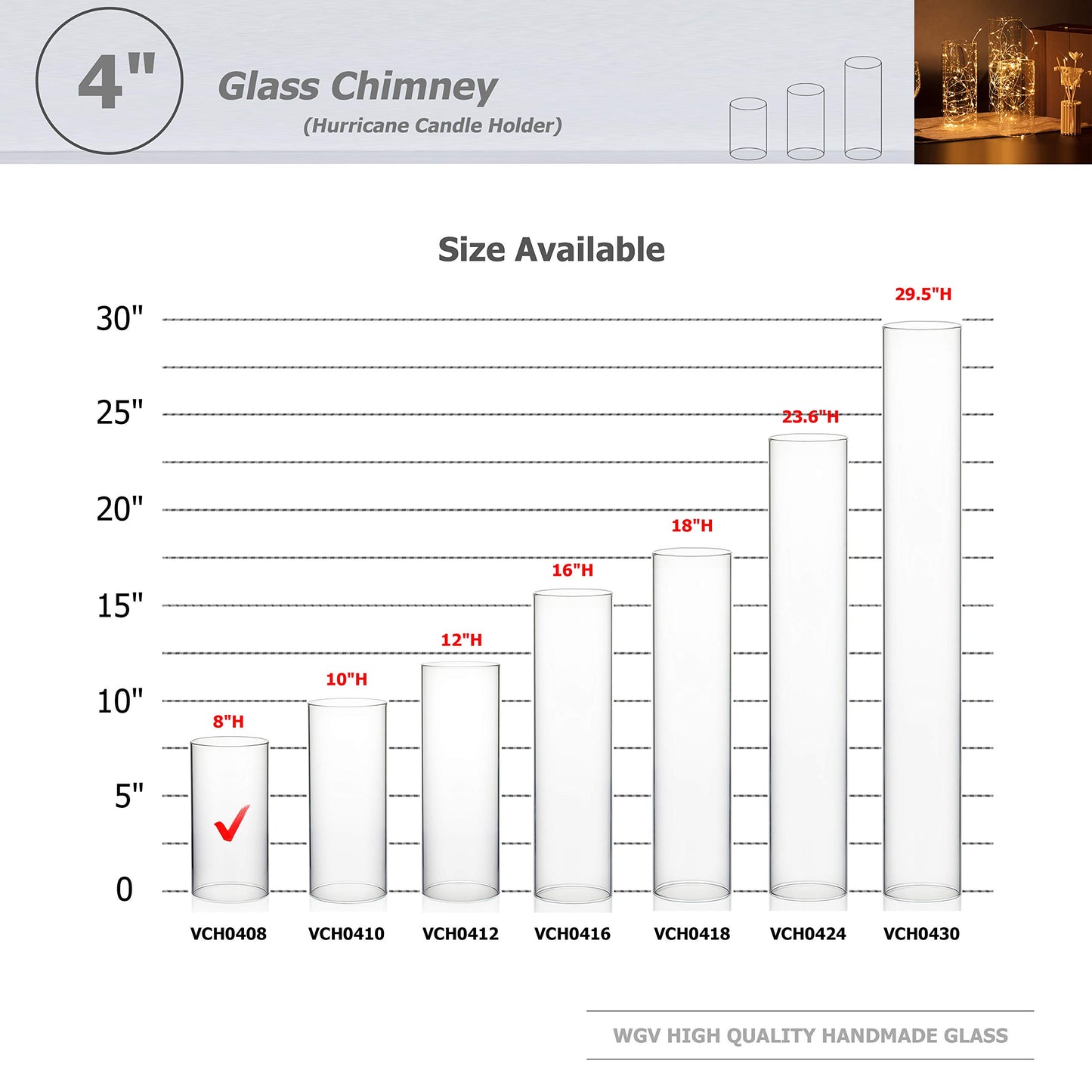 WGVI Hurricane Candle Holder Sleeve, Wide 4", Height 8", Clear Glass Cylinder Candleholder, Chimney Tube, Open Ended Candle Shade, 1 Piece