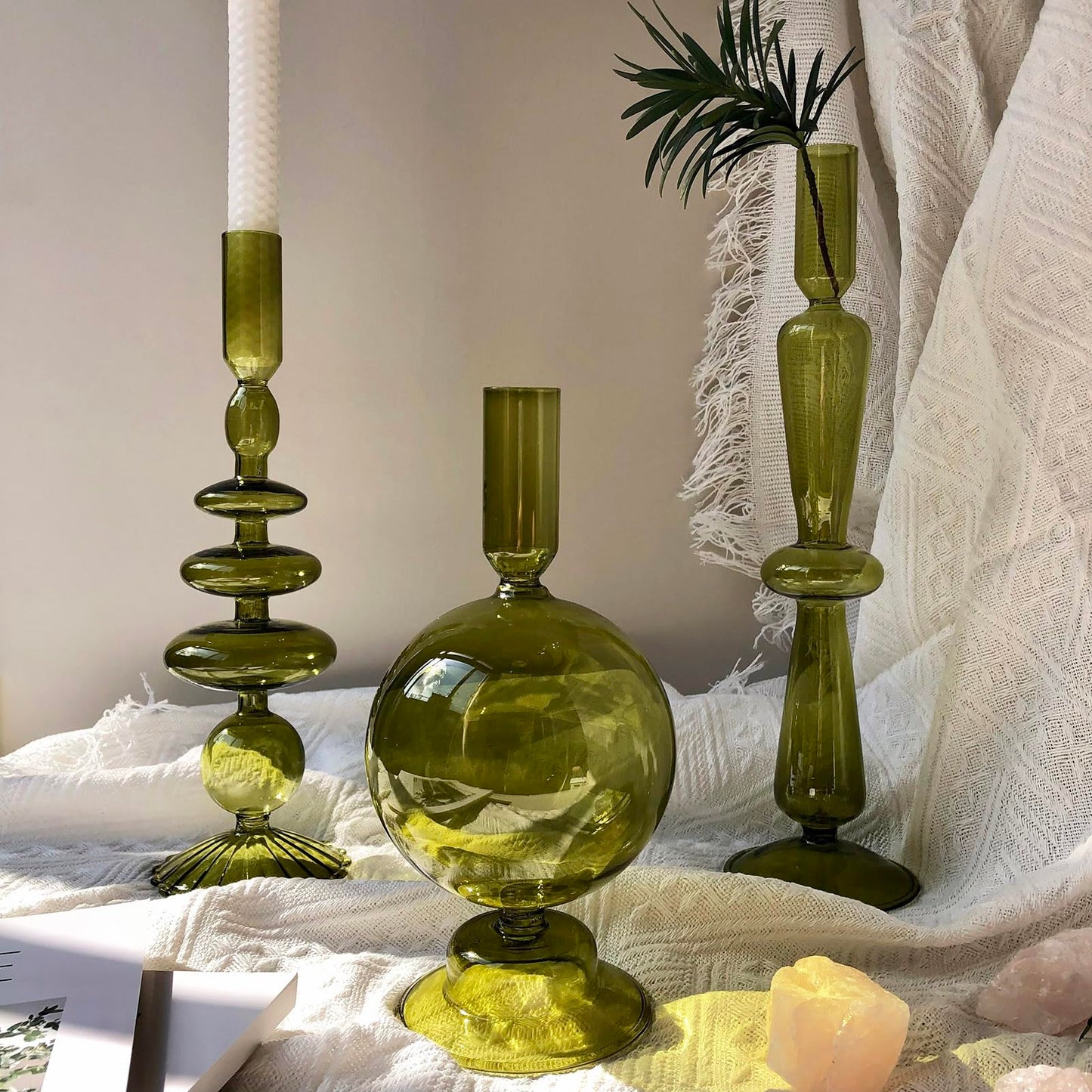 Amanman Candle Stick Candle Holder, Glass Candle Holders for Table Centerpiece, Modern Style Green Candle Holder Mixed 4pcs
