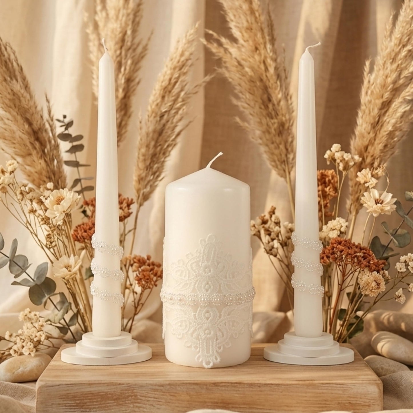 Magik Life Unity Candle Set - Wedding Ceremony & Reception – 6” Pillar & Two 10” Taper Candles – Long Burning Unity Candles for Marriage Ritual – Handmade in USA – White | Lace