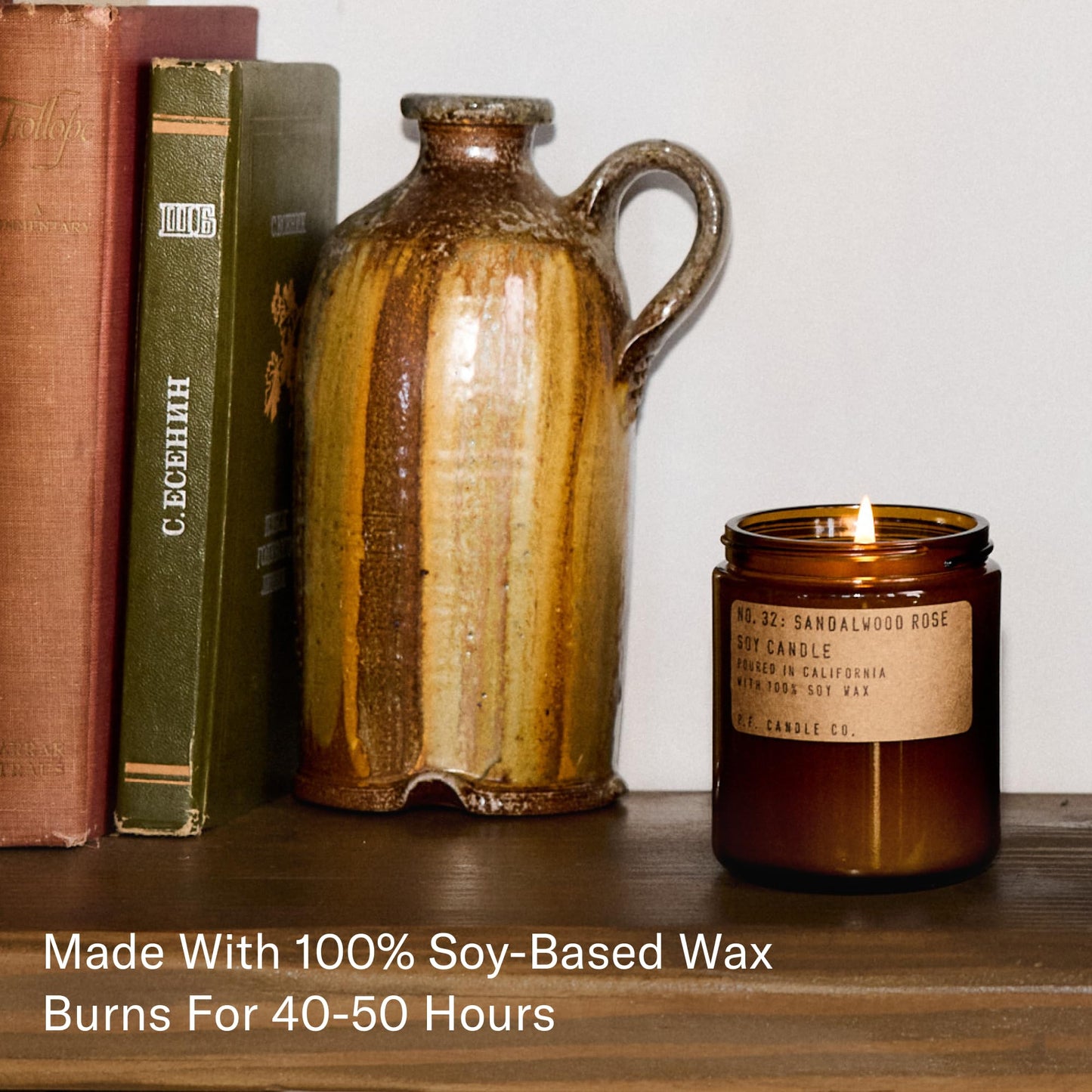 P.F. Candle Co. Sandalwood Rose Classic Standard Scented Soy Wax Candle (7.2 oz) 40-50 Hour Burn Time, Amber Glass Jar, Made in The U.S.A.