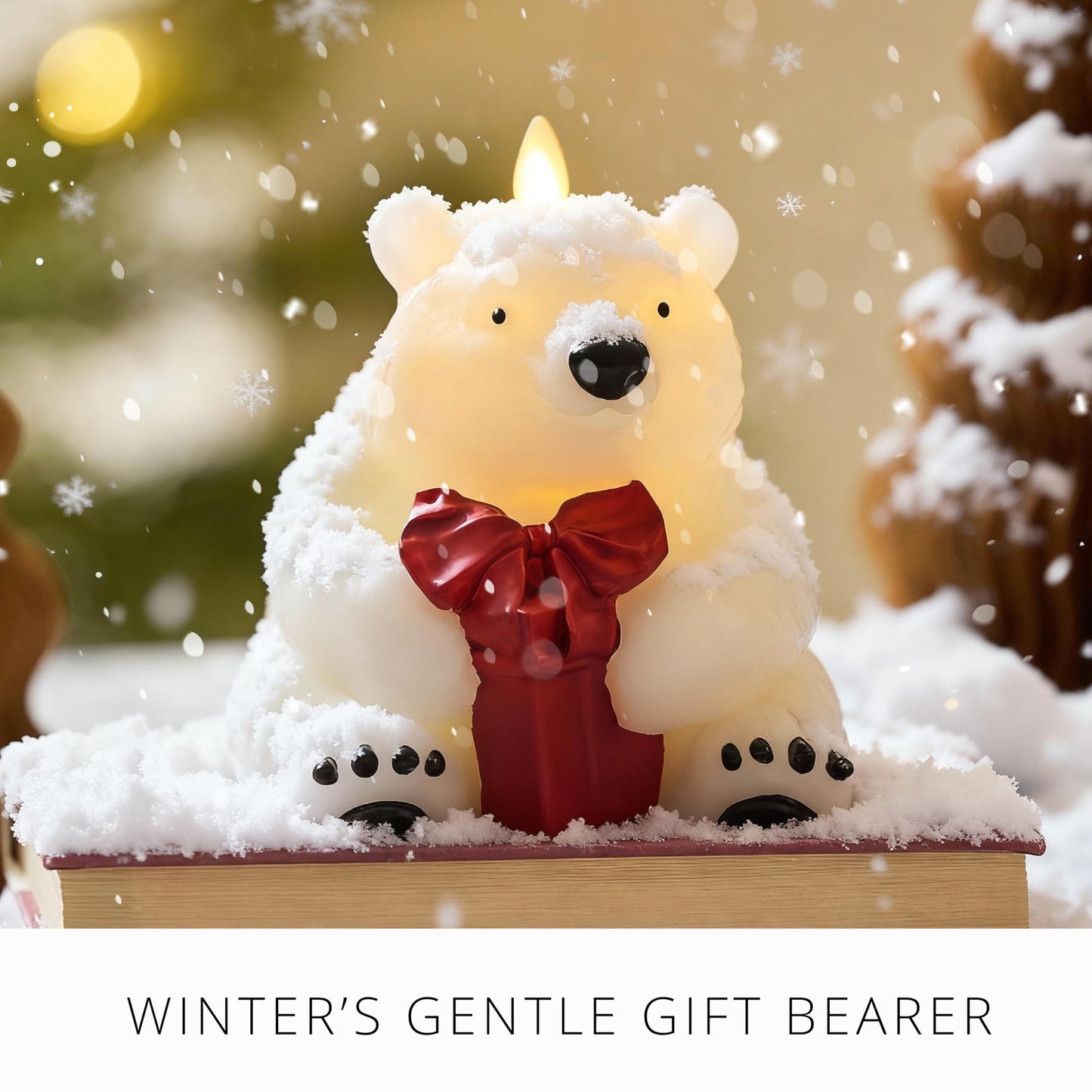 Luminara Flickering Flameless Candle 5" x 5.5", Battery Operated & Timer Function, Remote Ready (Sold Separately), Polar Bear w/Gift Moving Flame LED Light Figural Decor for Christmas Winter Holidays