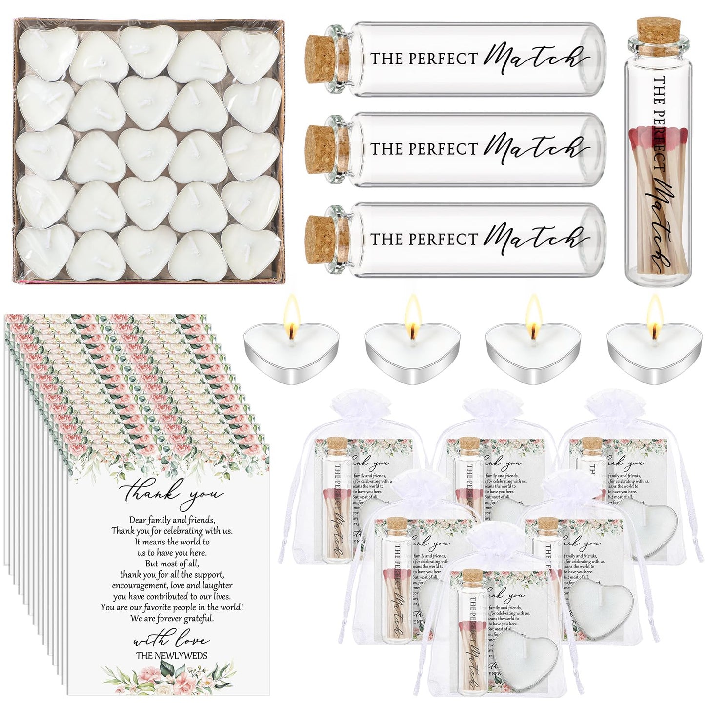 Wovnet 50 Sets Wedding Party Favors for Guests Bulk Including Heart Shaped Candles and Empty Matches Jars with Cork Top Thank You Cards and Organza Bags for Wedding Bridal Shower Party (Flower)