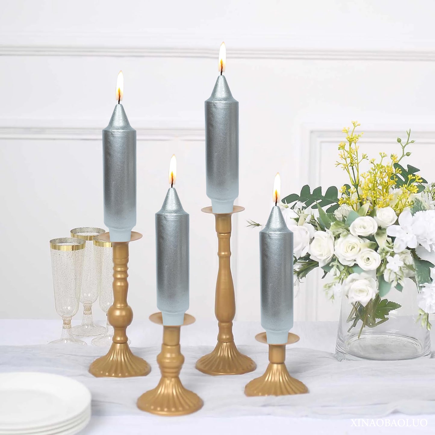 Christmas Metallic Silver Candle 5 Inch Short Smokeless Taper Candles 4 Pack Unscented Dinner Candle for Christmas Dinner