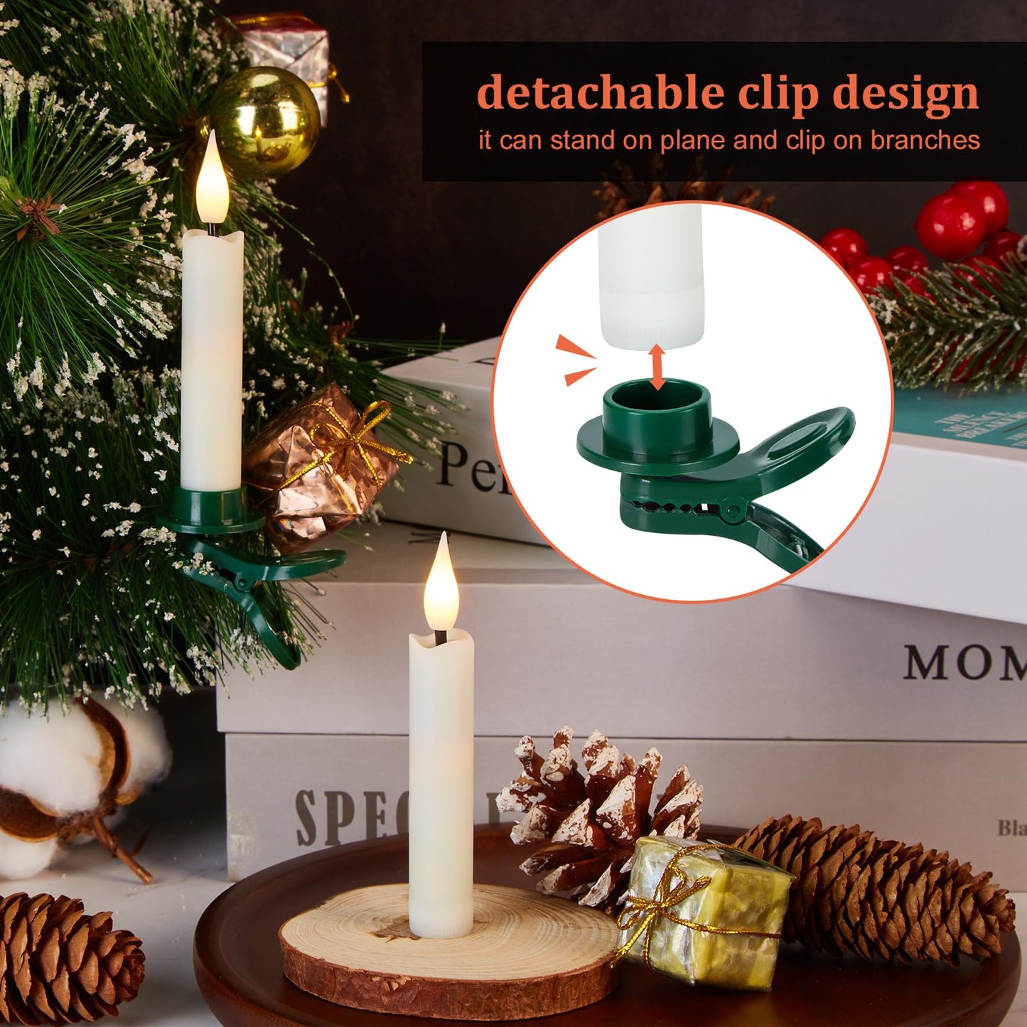 IMAGE 12Pcs LED Taper Candles Light Set Flameless 3D Wick Ivory Candles with Clip-on Christmas Tree Design, 10-Key Remote with Timer, Warm White Light, Battery Operated for Versatile Decoration