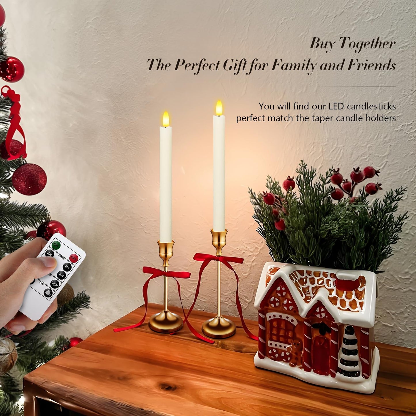 KSWING 2 PCS Upgraded Real Wax LED Flameless Taper Candles with Remote, White Candlesticks Battery Operated Flickering - 9.6” Long Realistic Fake Candle Sticks for Home/Wedding/Fireplace Xmas Decor
