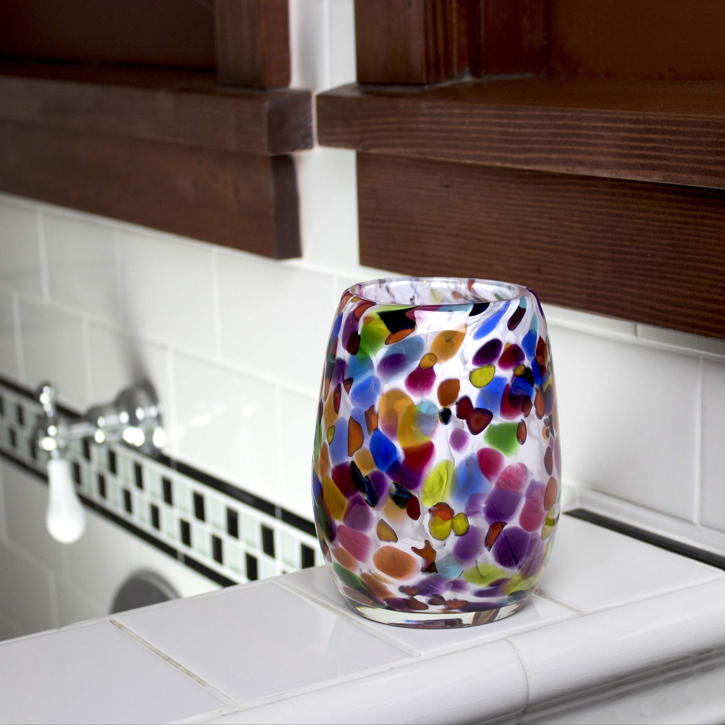 Totally Blown Glassworks Votive Candle Holder, Tea-Light, Handmade Blown Glass, Accent Vase, Centerpiece, Home Decor, Artist Dehanna Jones, Seattle, WA. (White Over the Rainbow)