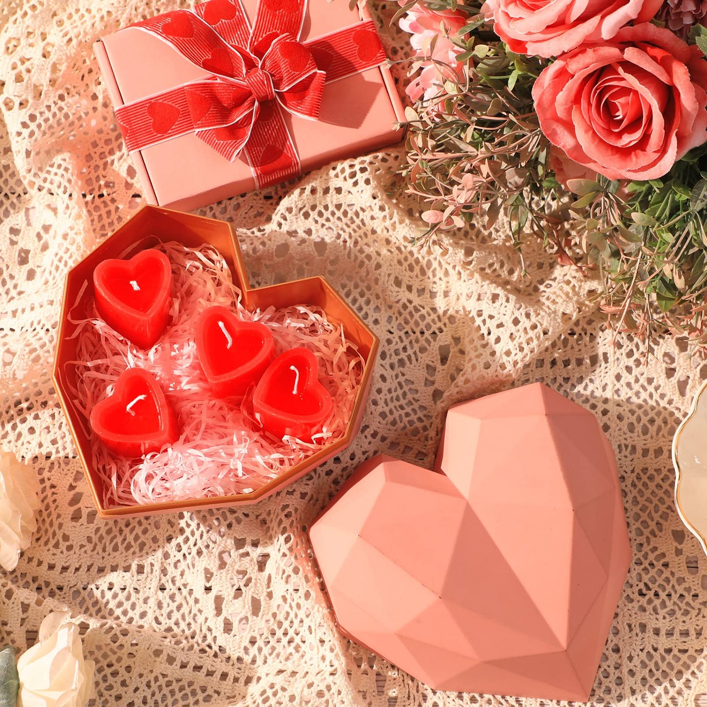 Honoson 6 Pcs 2'' x 1.65'' Red Heart Shaped Tea Lights: Long Lasting, Odorless, Modern, Solid Heart Candle for Valentine's Day, Wedding, Romance