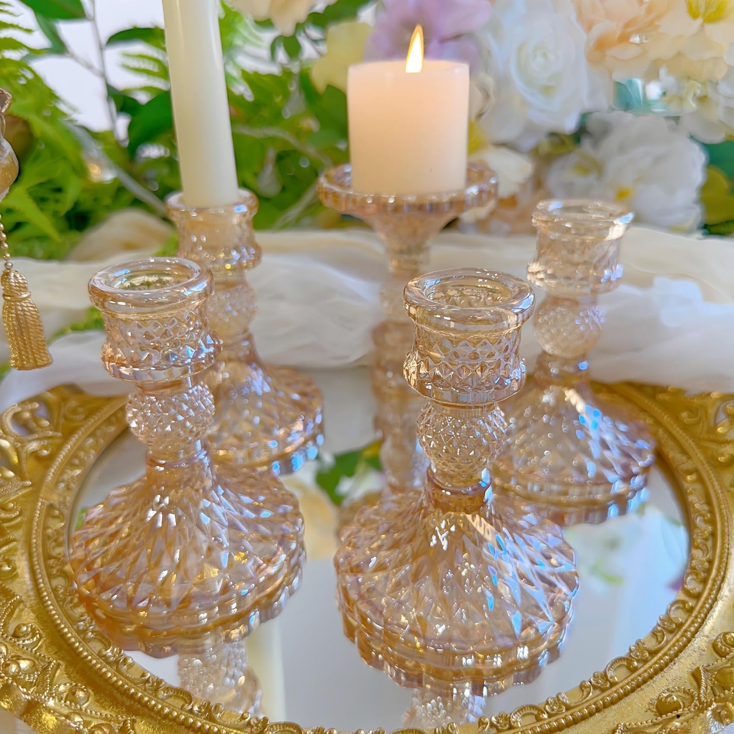 ECHFSM Glass Candlestick Holder,Striped Taper Candle Holders,Set of 6 Candle Stand for Table Centerpieces, Home Decor,Weddings,Festival and Parties (Amber Dimond Pattern)