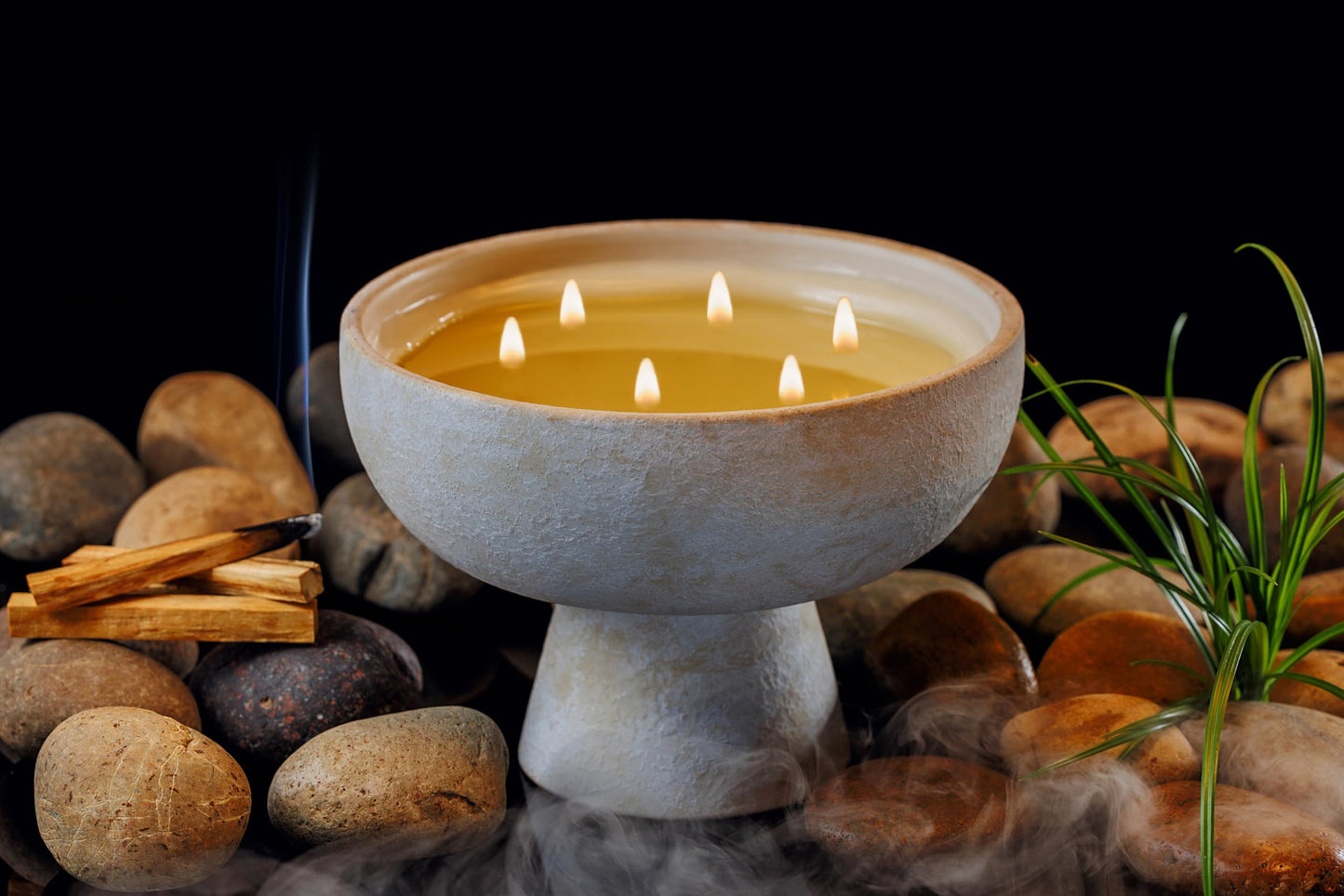 Blueme Spiritual Candle | Palo Santo & Vetiver | 6 Wick - Refillable Wellness Candle with Essential Oils, Hand Finished & Poured Soy Wax Blend Ceramic Vessel, Natural Cotton Wicks | Giant 45 oz