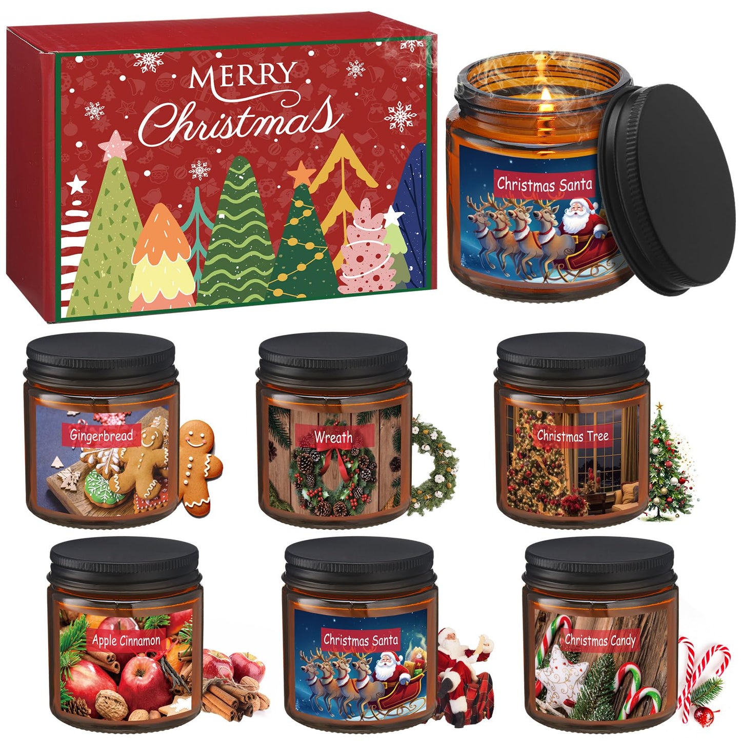 Conelist 6 Pcs Christmas Candle Set Scented Candle Gift Set Christmas Tree, Cookies, EVE, Apple, Candy, Wreath Gift for Women and Men
