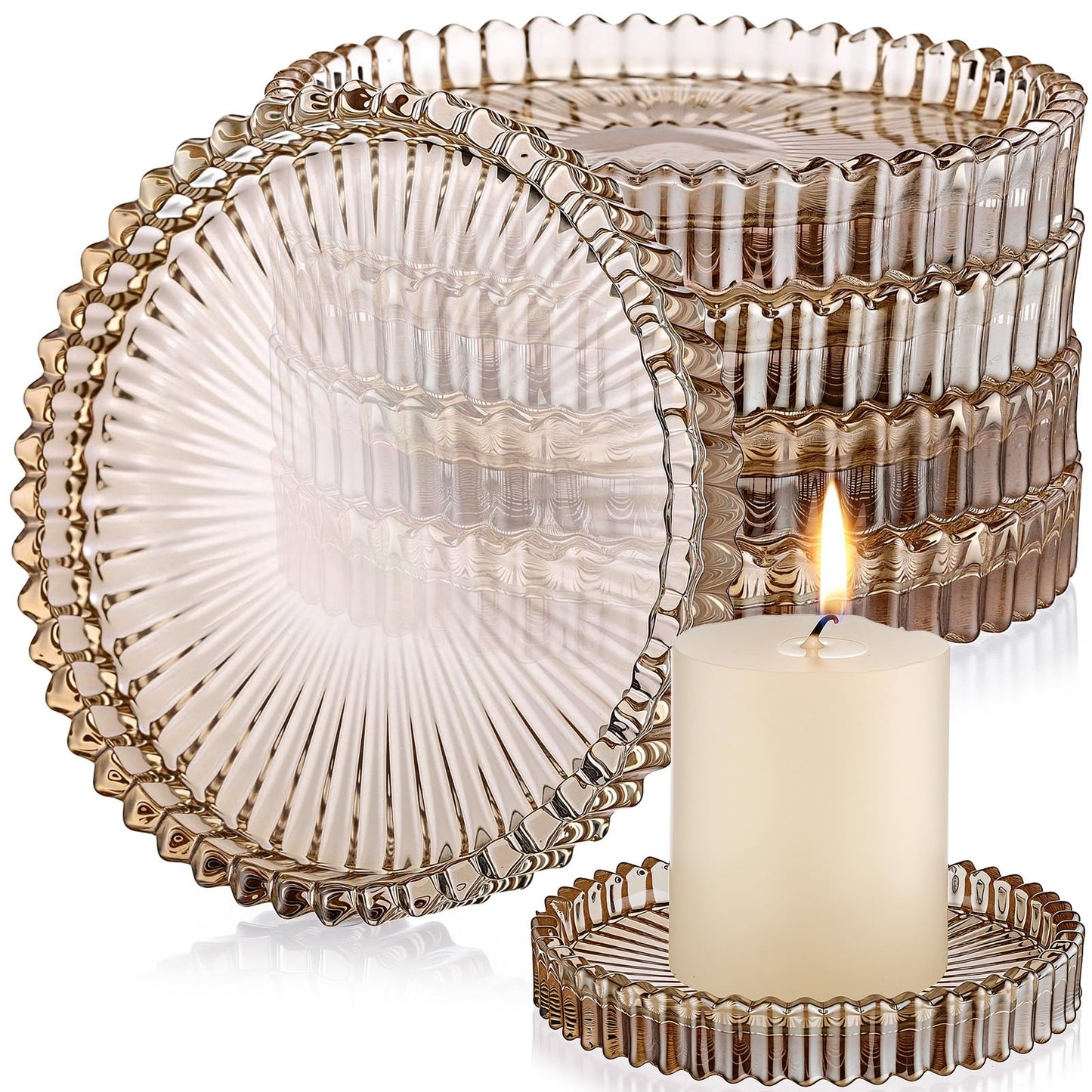 Honeydak Amber Glass Pillar Candle Holder Plates 4'' Round Glass Candle Tray Round Coasters for Table Centerpiece Wedding Party Home Bridal Shower Thanksgiving Christmas Decor(6 Pcs)