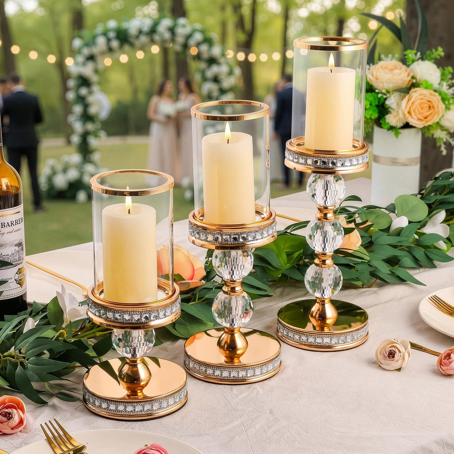 12.4" Tall Hurricane Candle Holder, Pillar Candle Holders with Glass Sleeve with Gift Box, Crystal Candle Stands for Home Warming, Weddiing, Dining Room Decor, Table Centerpiece (2, Gold, M)