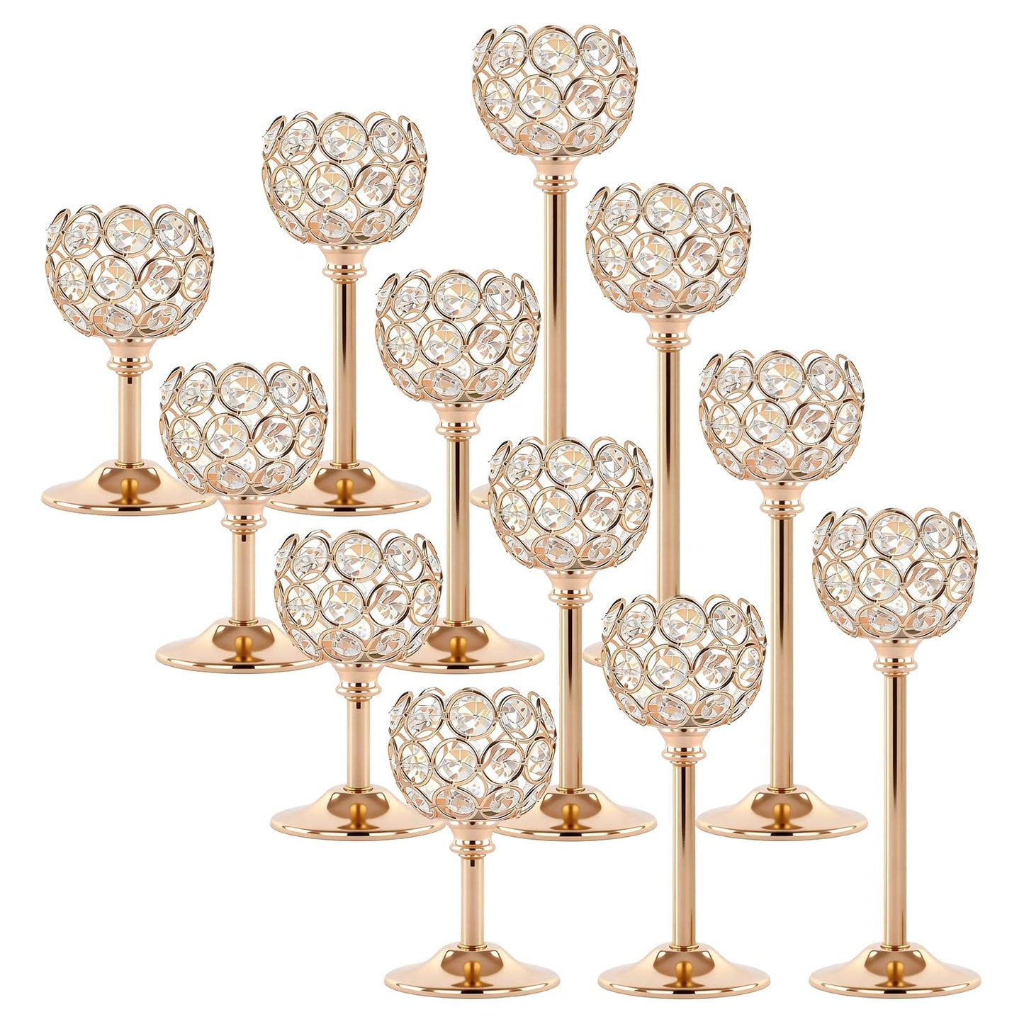Oakernel Gold Crystal Candle Holders Candlestick Holders - 4 Sets Tall Bling Bowl Candelabra Centerpieces for Dining Table, Wedding, Party & Fireplace Mantel Decor,12Pcs