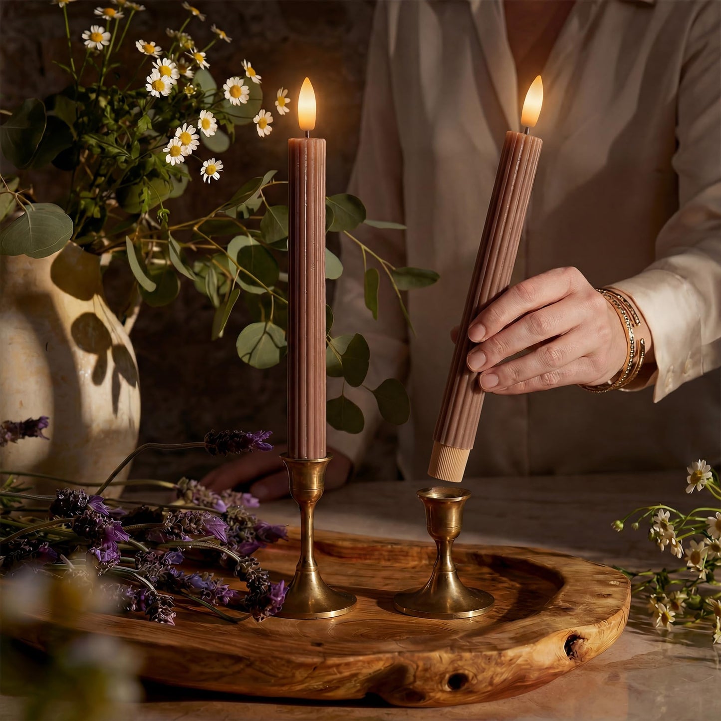 West Ivory 6 Pack, 10" LED Flameless Brown Tan Fluted Ribbed Grooved Taper Candles, Remote & 24h Timer Memory, On/Off Button, Dimmable, Flicker Mode, Battery Operated, Christmas Menorah Wedding