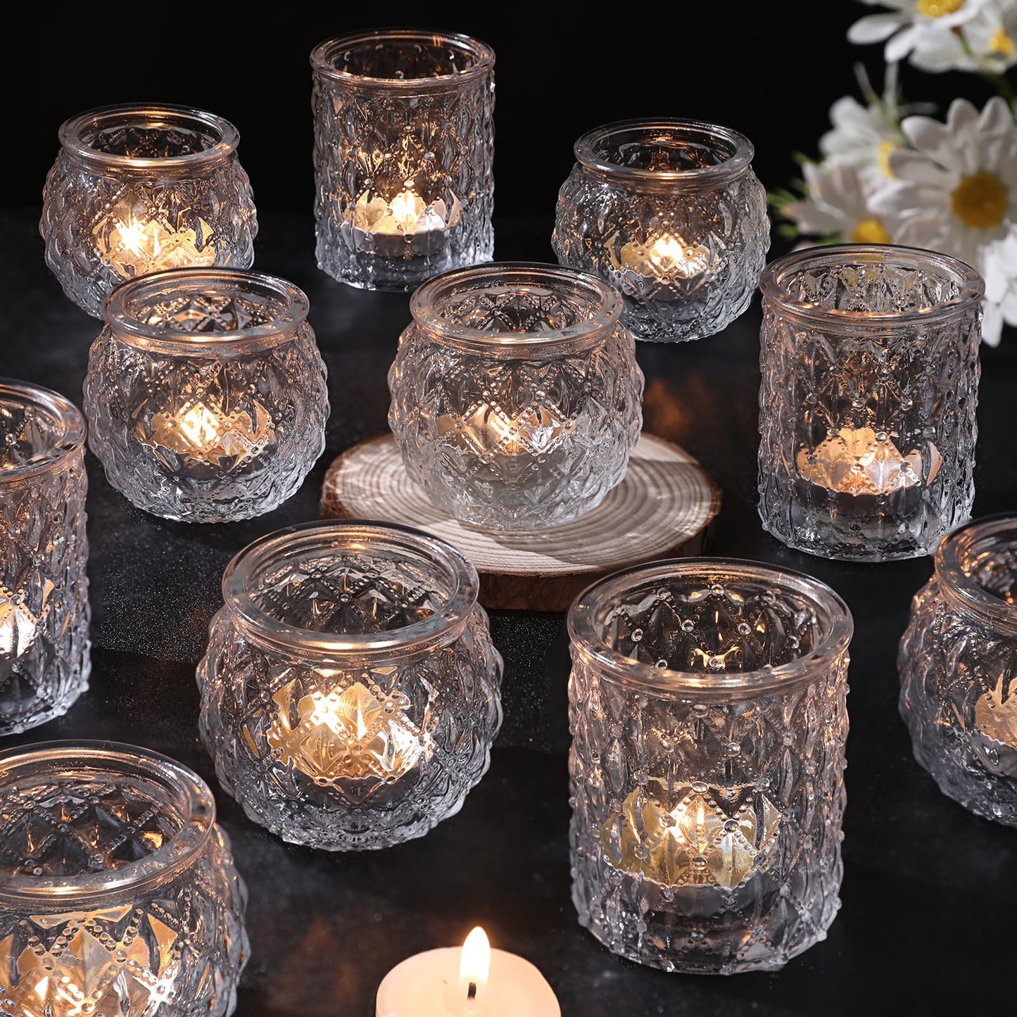 DARJEN Clear Votive Candle Holders Set of 24- Round Glass Candle Holders Bulk for Tea Light Candle, Embossed Candle Votives for Wedding Centerpiece, Various Parties & Home Decor