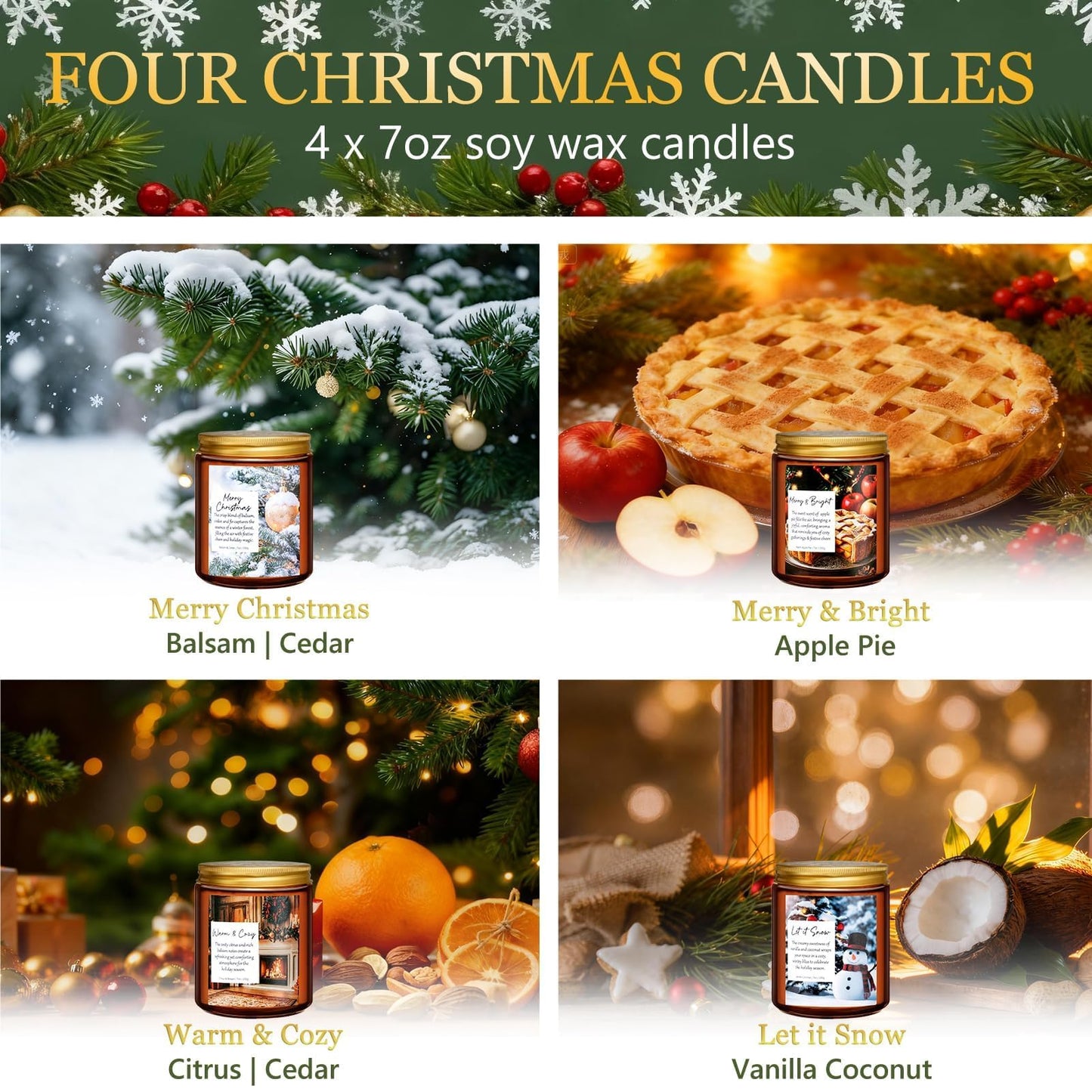 Christmas Candles Set, 4 Pack Xmas Scented Candles for Women, Winter Soy Candle for Home Scented Holiday Candle Gift Set, Christmas Gifts for Women Men- Balsam Cedar/Apple Pie/Citrus/Vanilla Coconut