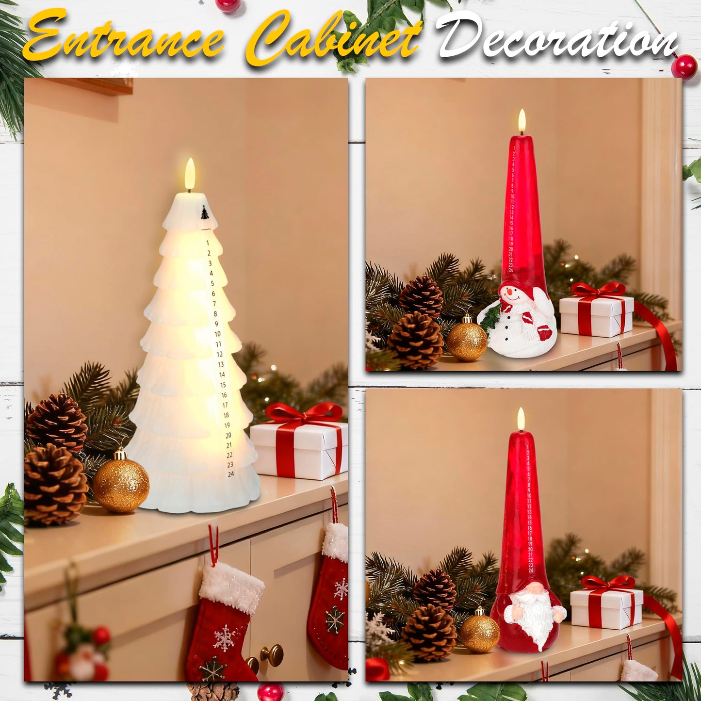 Flameless Christmas Countdown Candles with Remote, 3D Flickering Flame Christmas Tree Battery Operated LED Advent Calendar Candle, 24-day Automatic Xmas Countdown, Christmas Decoration for Home