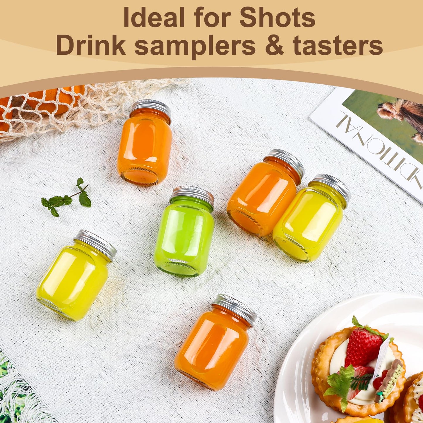 CARBLIN 25 Pack 2 oz Mason Jars with Silver Lids, Mini Glass Jar for Ginger Shots, Small Juice Shot Bottles with Caps, Container for Beverage Storage Candle Gifts Honey Jam Spices Party Favors