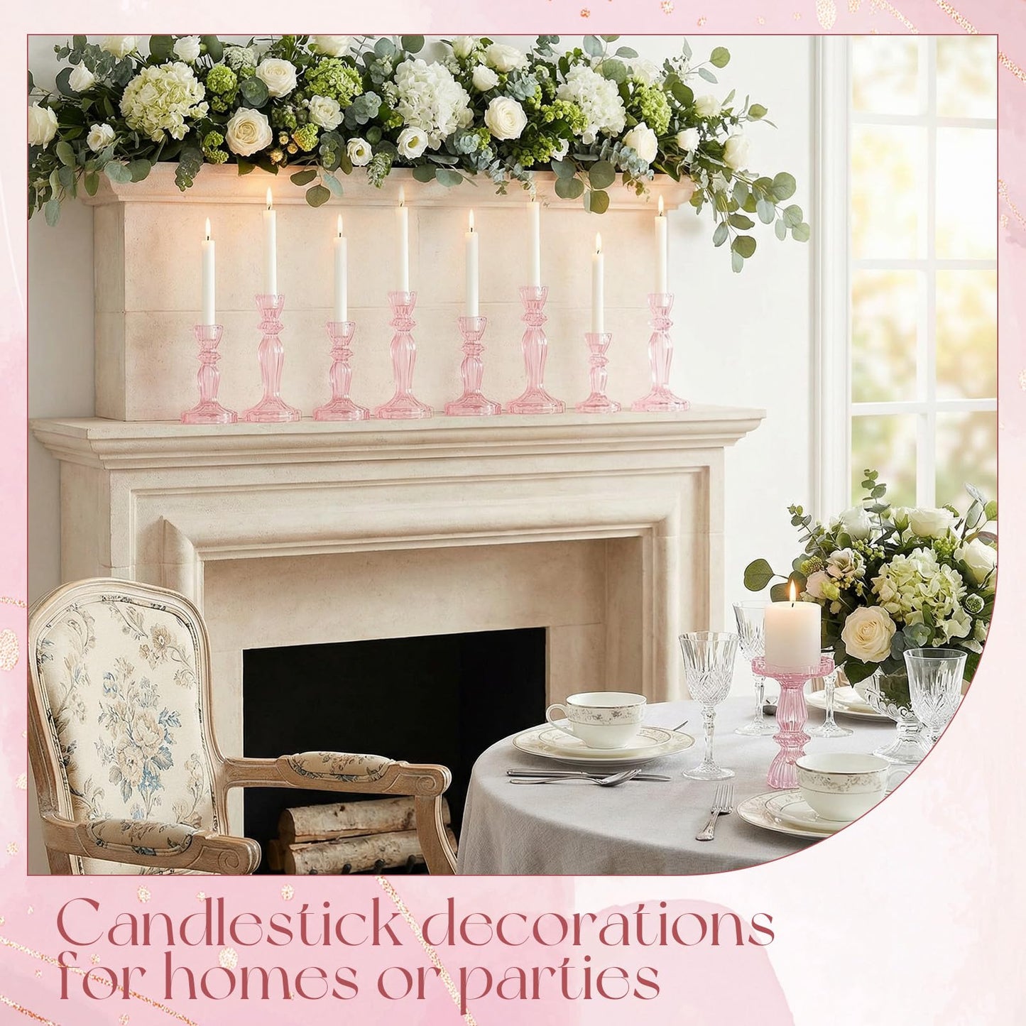 Ferrochef 12 Pack Glass Candlestick Holders Set 4.3/6.1'' Taper Stripe Candle Holder Bulk Floral Shape Crystal Decorative Candle Stand Centerpiece for Table Wedding Dining (Pink)
