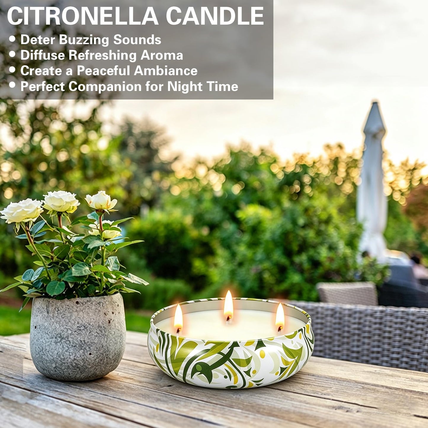 Citronella Candles Outdoor 3 Pack, Large 3-Wick Citronella Candle for Patio, Natural Soy Wax, 240 Hours Long Burn Time for Backyard, Deck, Garden, Camping - 12 oz Each (36 oz Total)