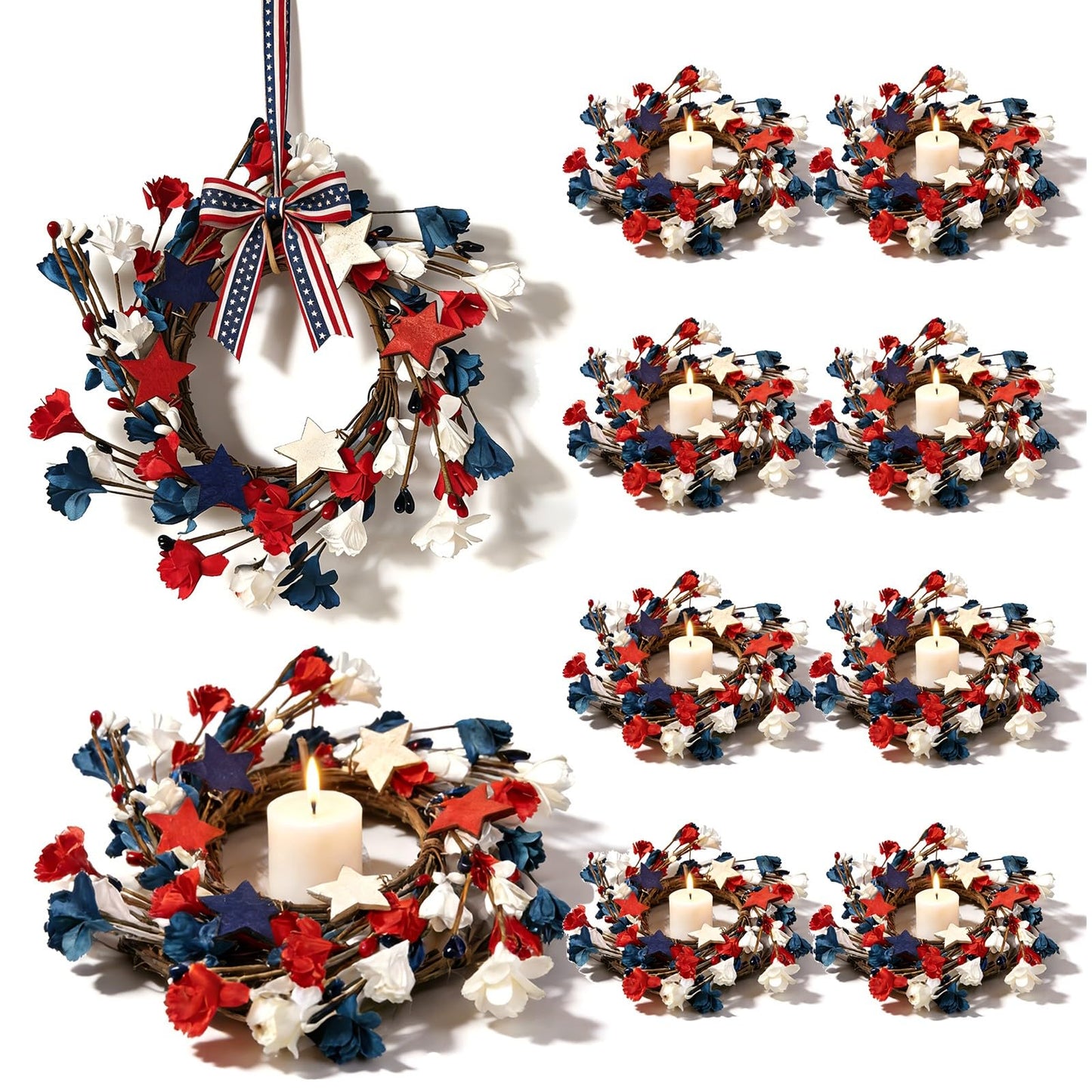 8 Pcs Mini 4th of July Candle Ring Wreaths Patriotic Red White and Blue Artificial Pillar Candle Holder Wreath for Farmhouse Independence Day Memorial Day Porch Front Door Cabinets Table Decoration