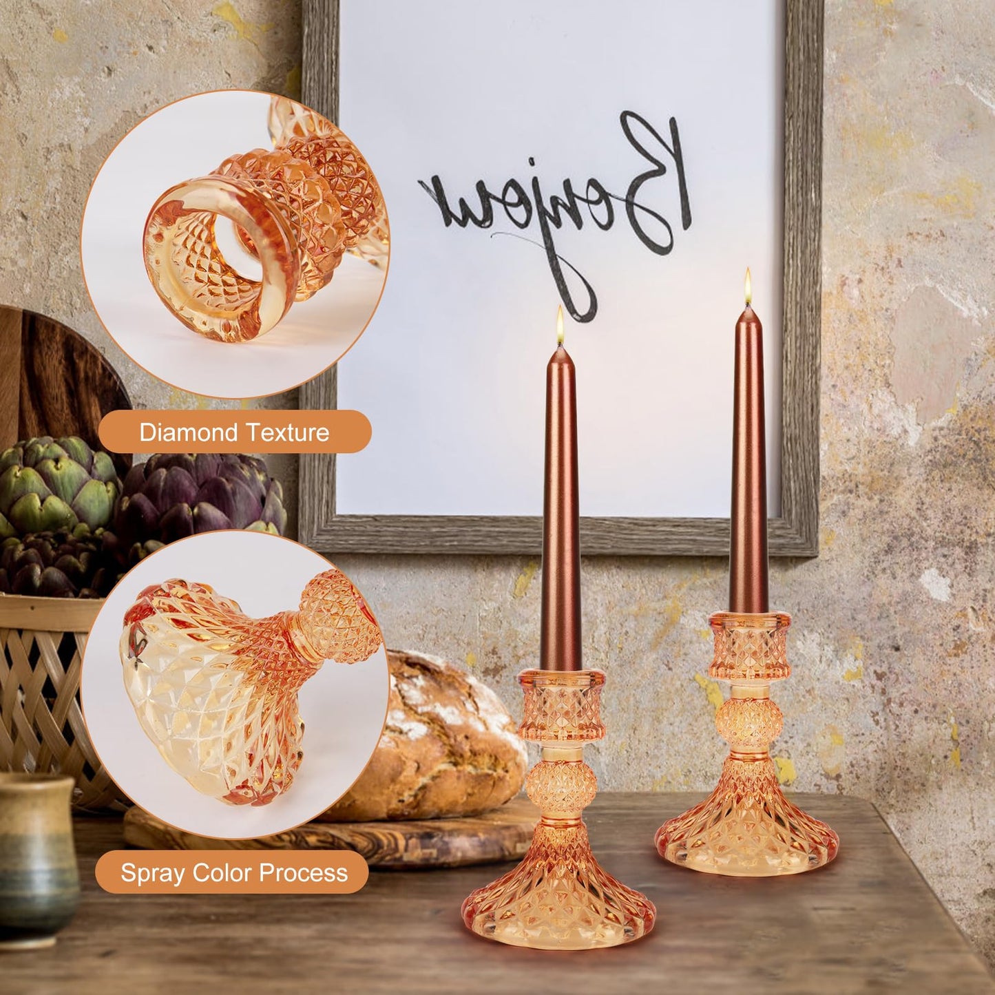 Glass Candle Holder, 2PCS Decorative Candle Sticks Pillar Candle Stand for Formal Events Wedding Party Table Centerpieces Home Decoration, Orange